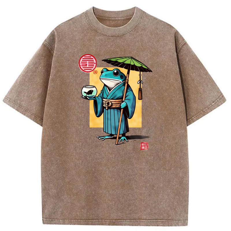 Frog In Kimono Holding Umbrella And Tea Cup tshirt 100% cotton