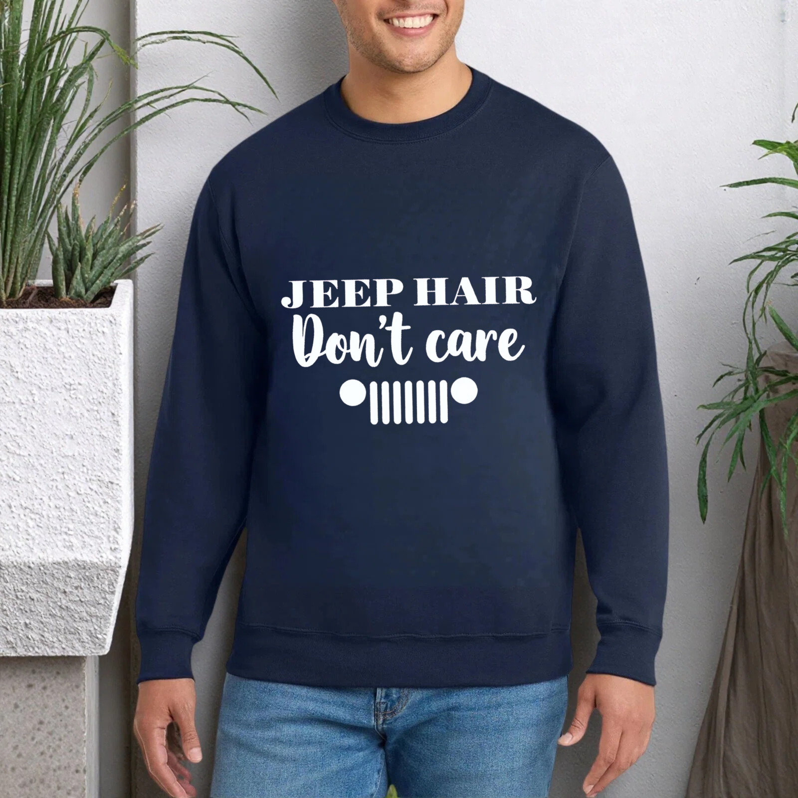 TEECURENT Jeep Hair Dont Care Sweatshirt Unisex Crewneck Pullover Long Sleeve Casual Graphic Shirt For Men Women Outdoor Adventure Fashion Top