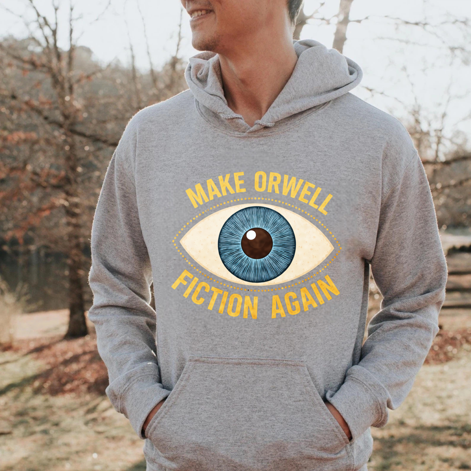 TEECURENT Gildan Make Orwell Fiction Again Hoodie With Eye Graphic Black Sweatshirt For Men Women Unisex Casual Wear Book Lovers Gift