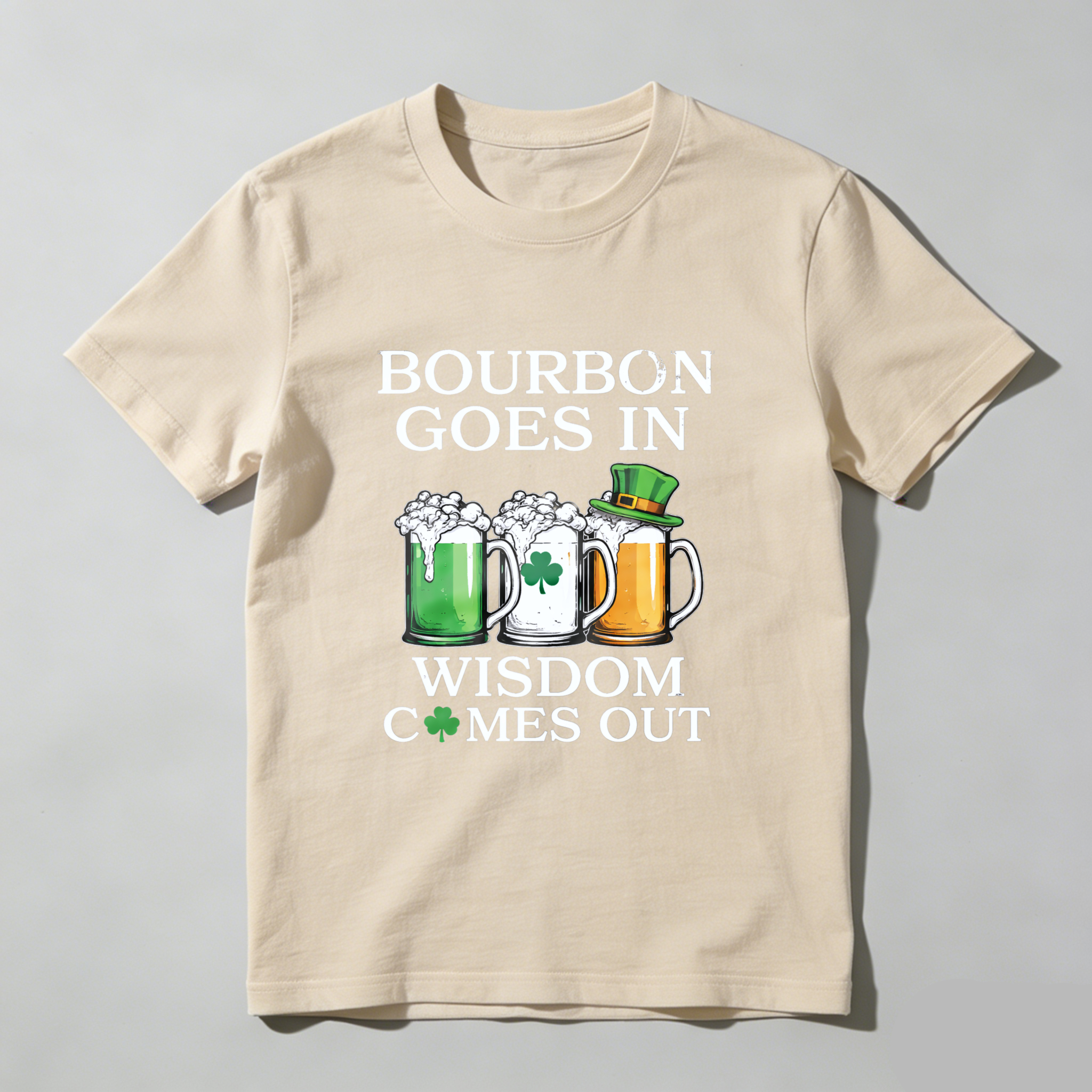TEECURENT Bourbon Goes In Wisdom Comes Out St Patrick's Day Beer Shirt With Shamrock And Mug Design For Men Women Unisex T-Shirt