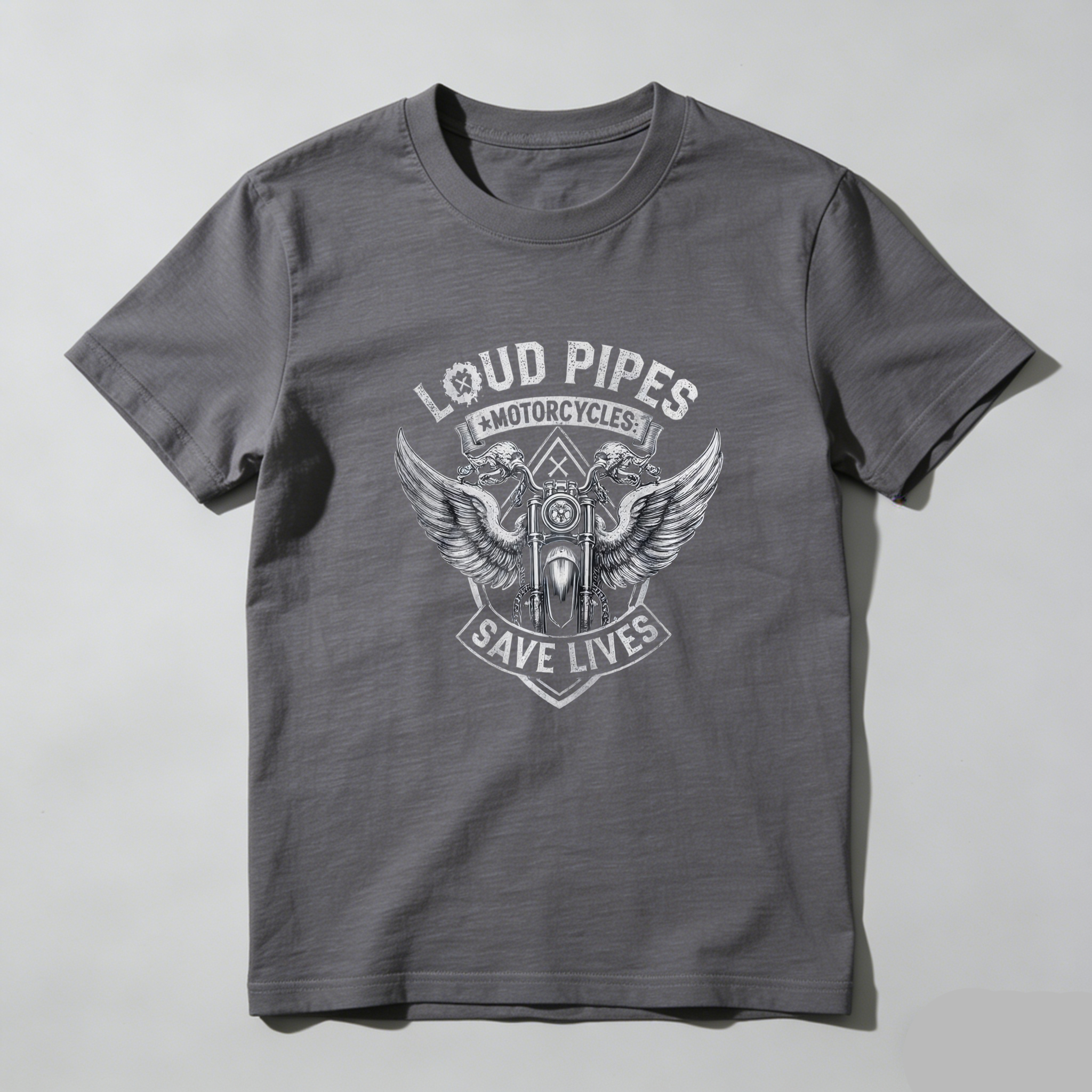 TEECURENT T-SHIRT  Loud Pipes Save Lives Motorcycles Wings Engine