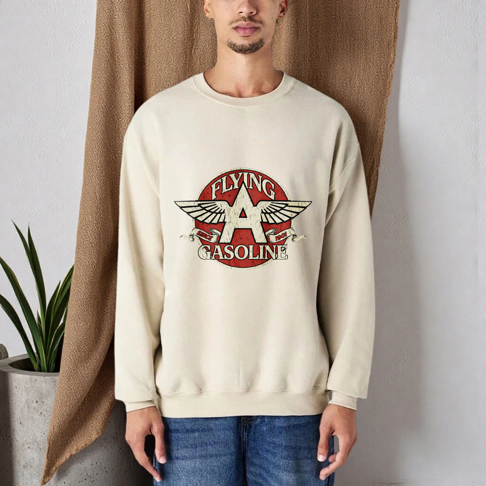 TEECURENT Flying A Gasoline Logo Sweatshirt Unisex Crewneck Pullover Black Vintage Style Graphic Sweatshirt