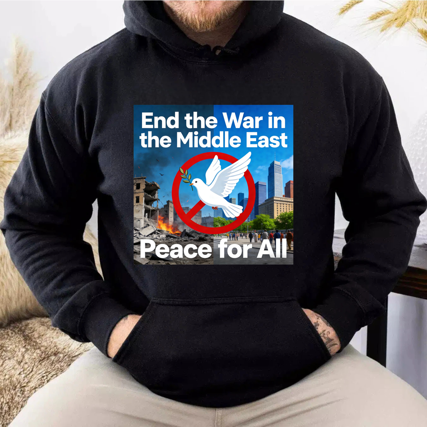 TEECURENT End The War In The Middle East Peace For All Hoodie With Dove And Cityscape Design