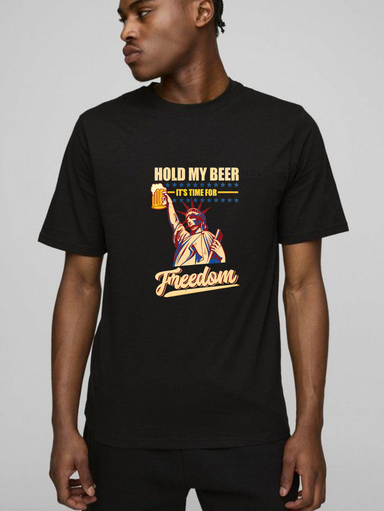 TEECURENT Hold My Beer Freedom Statue Pure Cotton Short Sleeve T-Shirt-TeeCurent