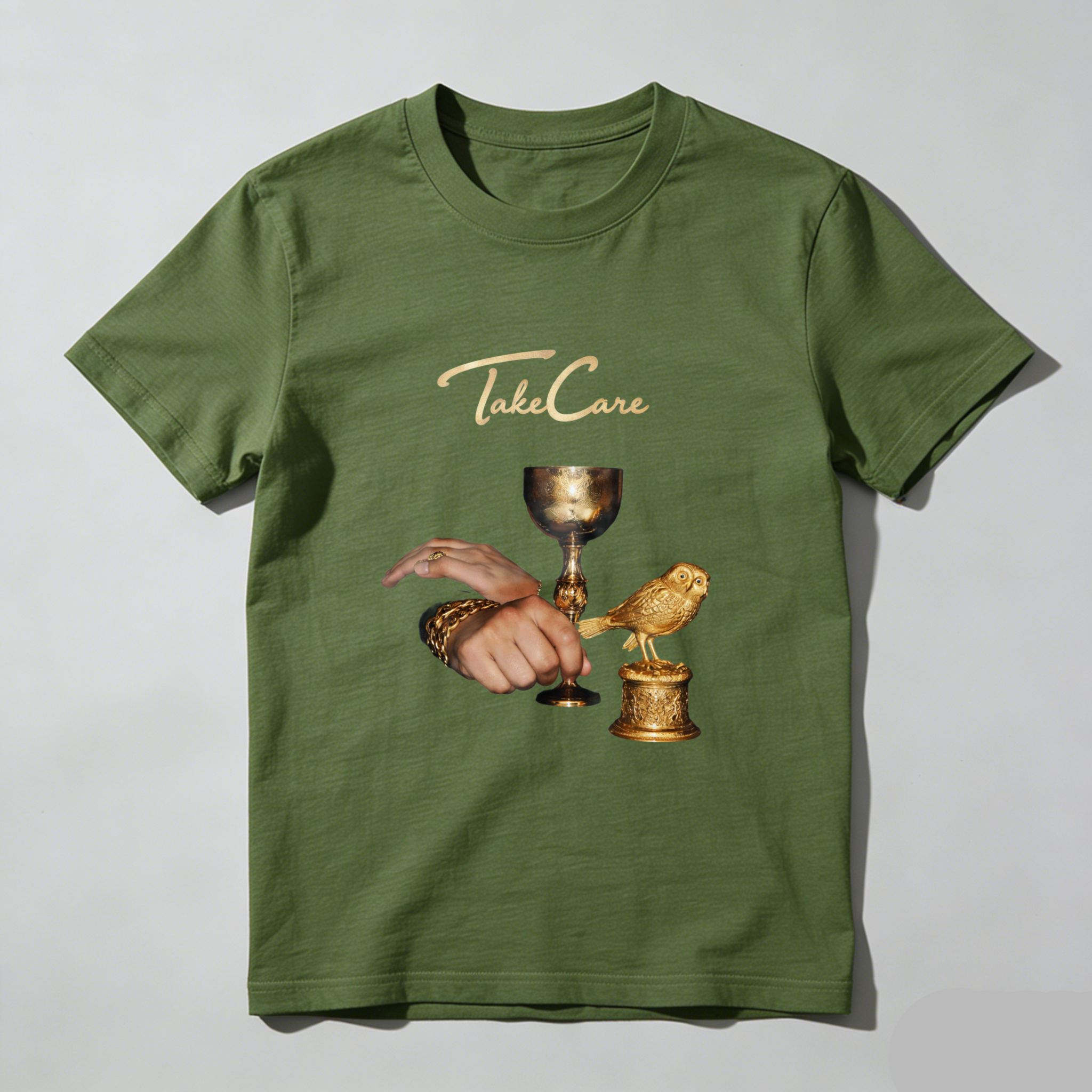 TEECURENT Take Care Golden Bird And Chalice Design T Shirt Men Women Fashion Casual Wear Artistic Statement Graphic Tee