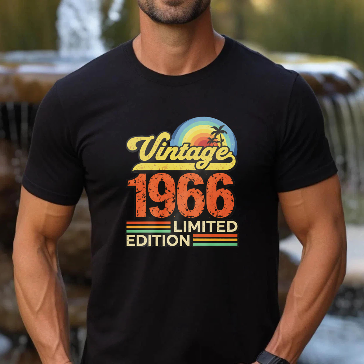 TEECURENTVintage 1966 Limited Edition T Shirt Retro Palm Tree Sunset Design Black Men Women Unisex Casual Wear-TeeCurent