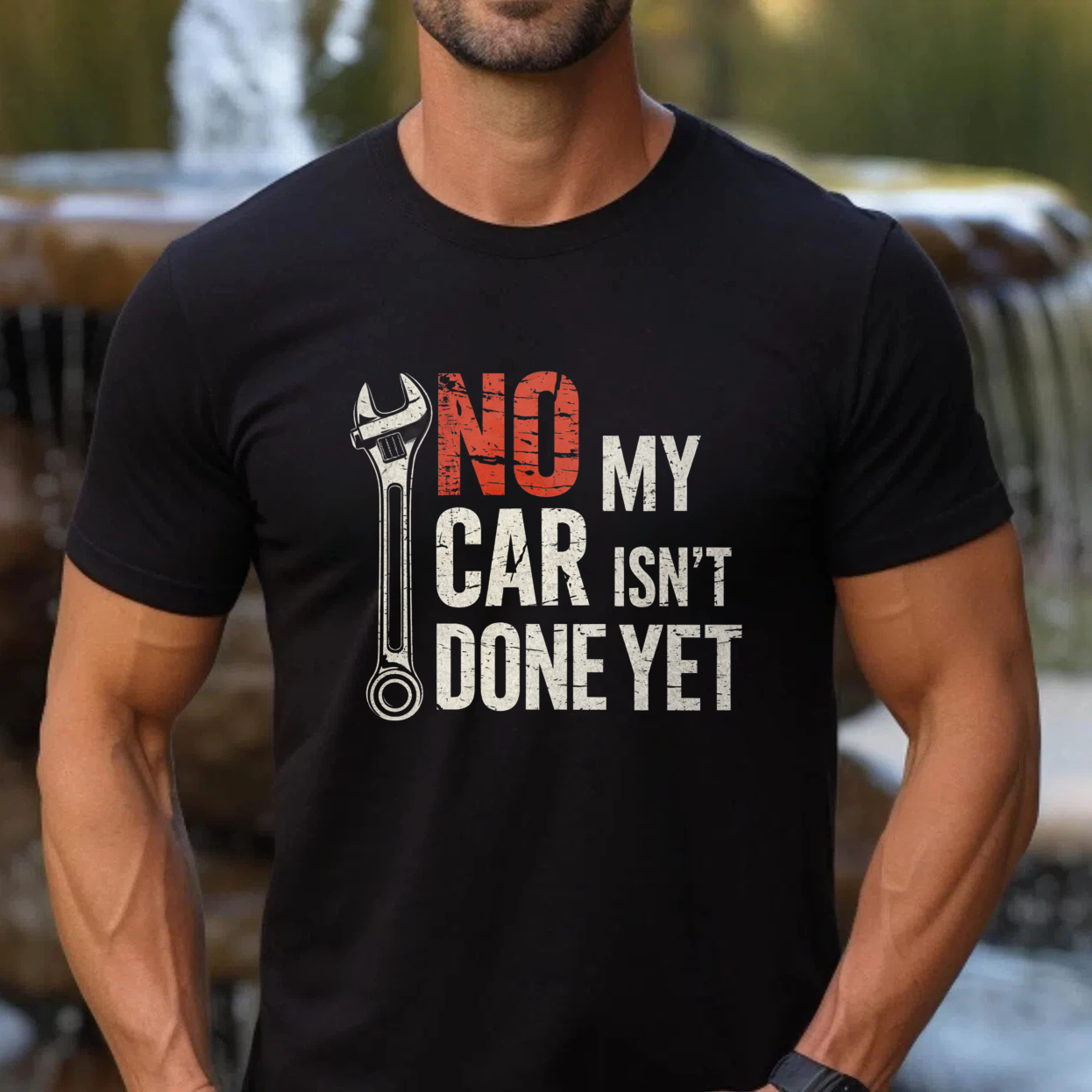 No My Car Isn't Done Yet Mechanic T-Shirt With Wrench Graphic For Car Enthusiasts And Auto Repair Lovers