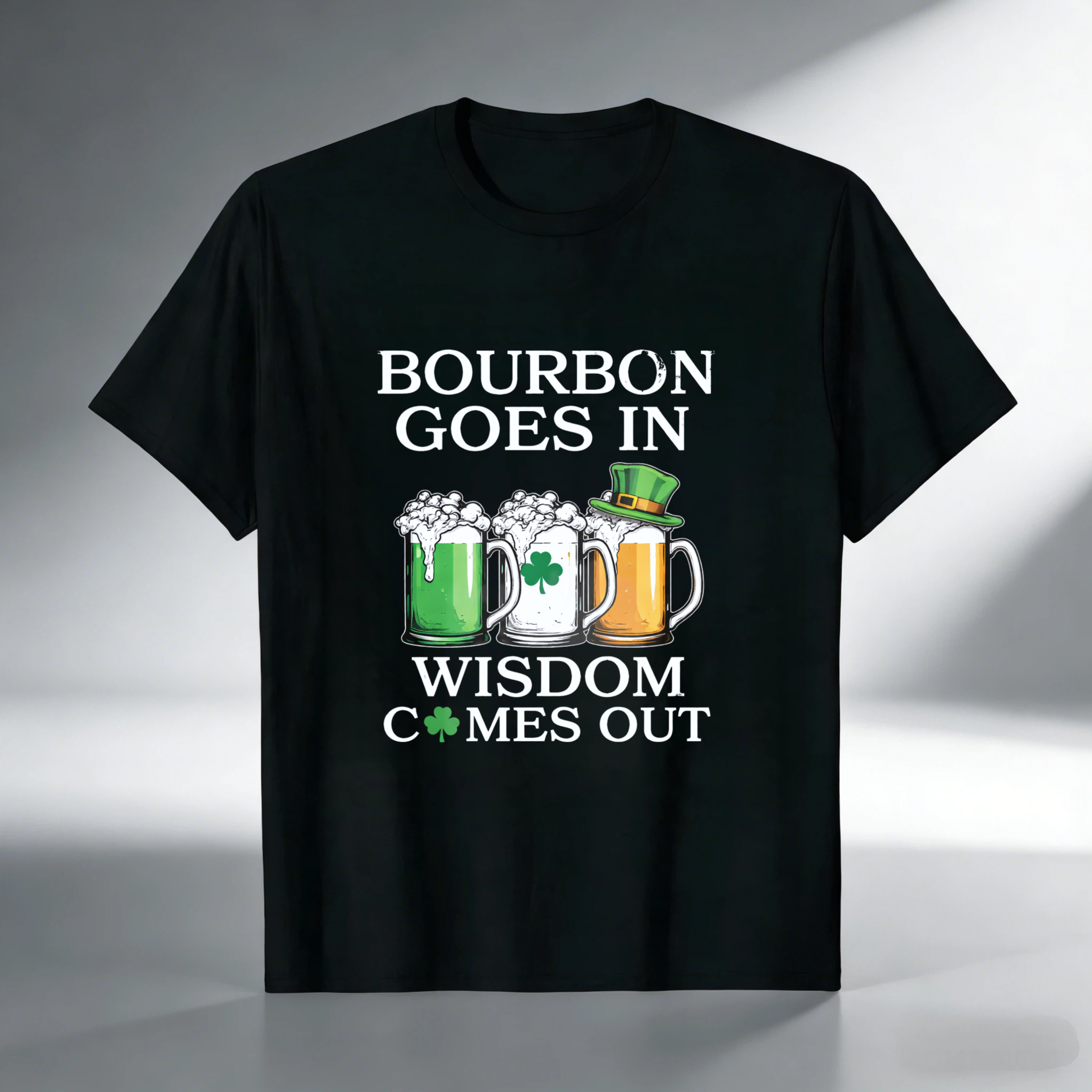 TEECURENT Bourbon Goes In Wisdom Comes Out St Patrick's Day Beer Shirt With Shamrock And Mug Design For Men Women Unisex T-Shirt
