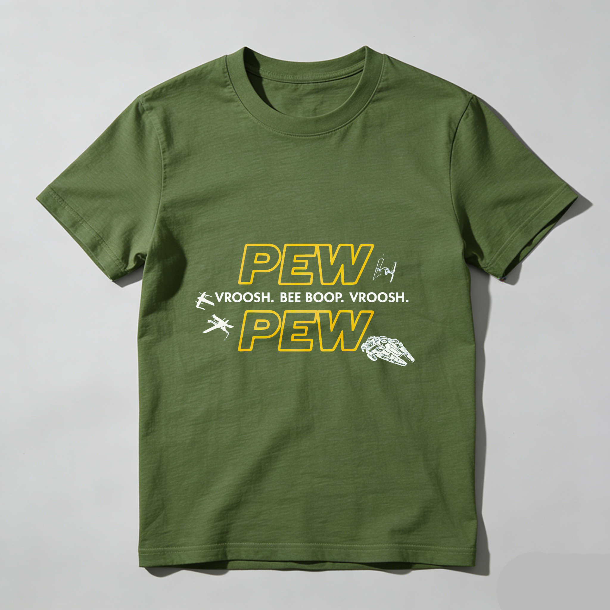 TEECURENT Pew Pew Star Wars Inspired T-Shirt With Spaceship And Sound Effects Design For Fans Of Sci Fi And Pop Culture