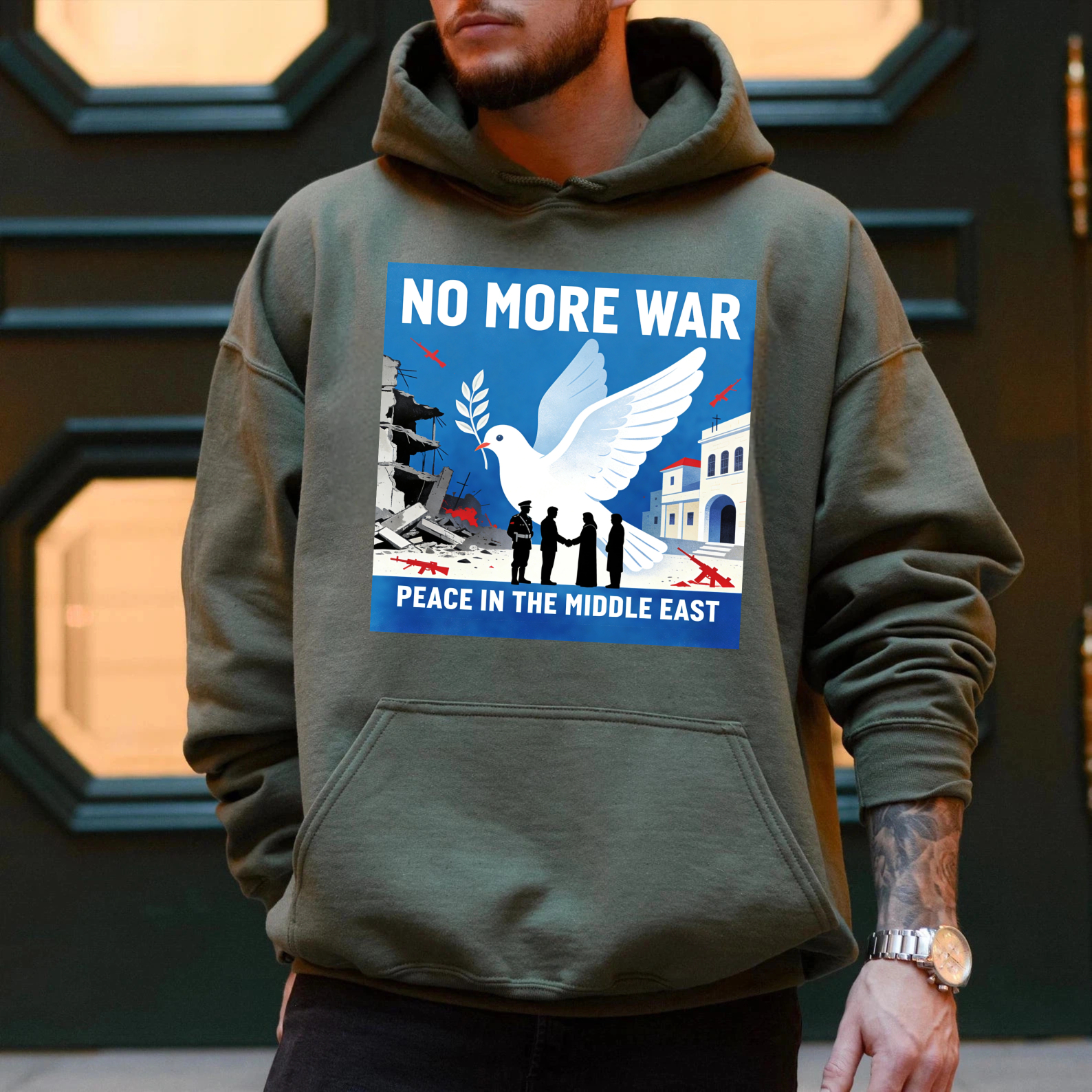 TEECURENT No More War Peace In The Middle East Hoodie With Dove And Olive Branch Design For Peace Advocates