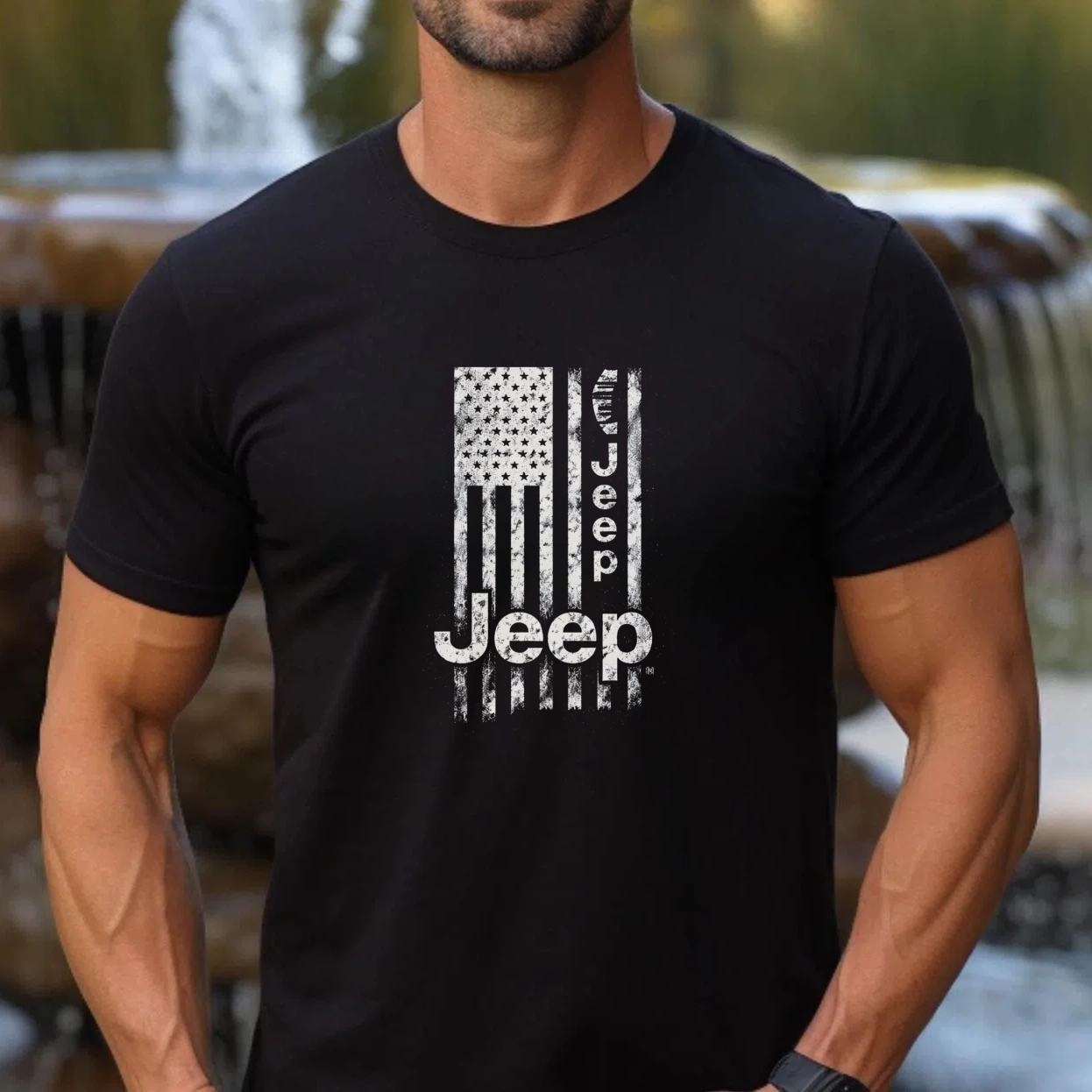 Jeep American Flag T-Shirt Black Men's Casual Graphic Tee With Distressed Usa Design And Jeep Logo For Outdoor Adventure Enthusiasts