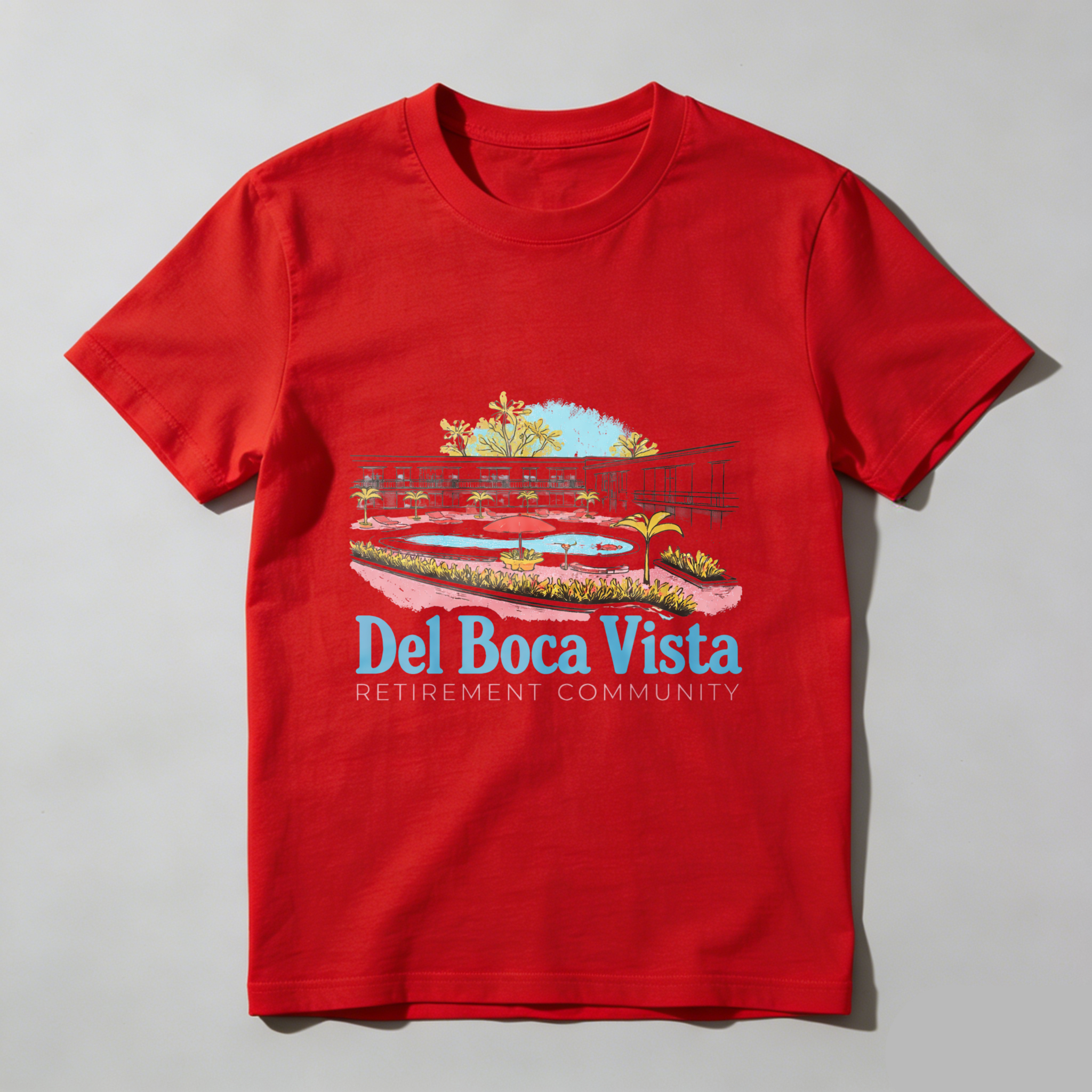 TEECURENT Del Boca Vista Retirement Community T-Shirt With Resort Design And Palm Trees Graphic