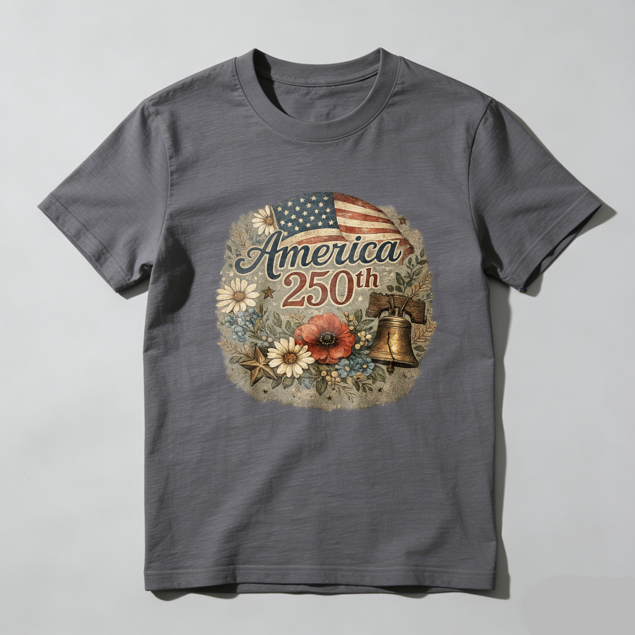 America 250th Anniversary Independence Day Patriotic T Shirt With American Flag Liberty Bell And Flowers Design