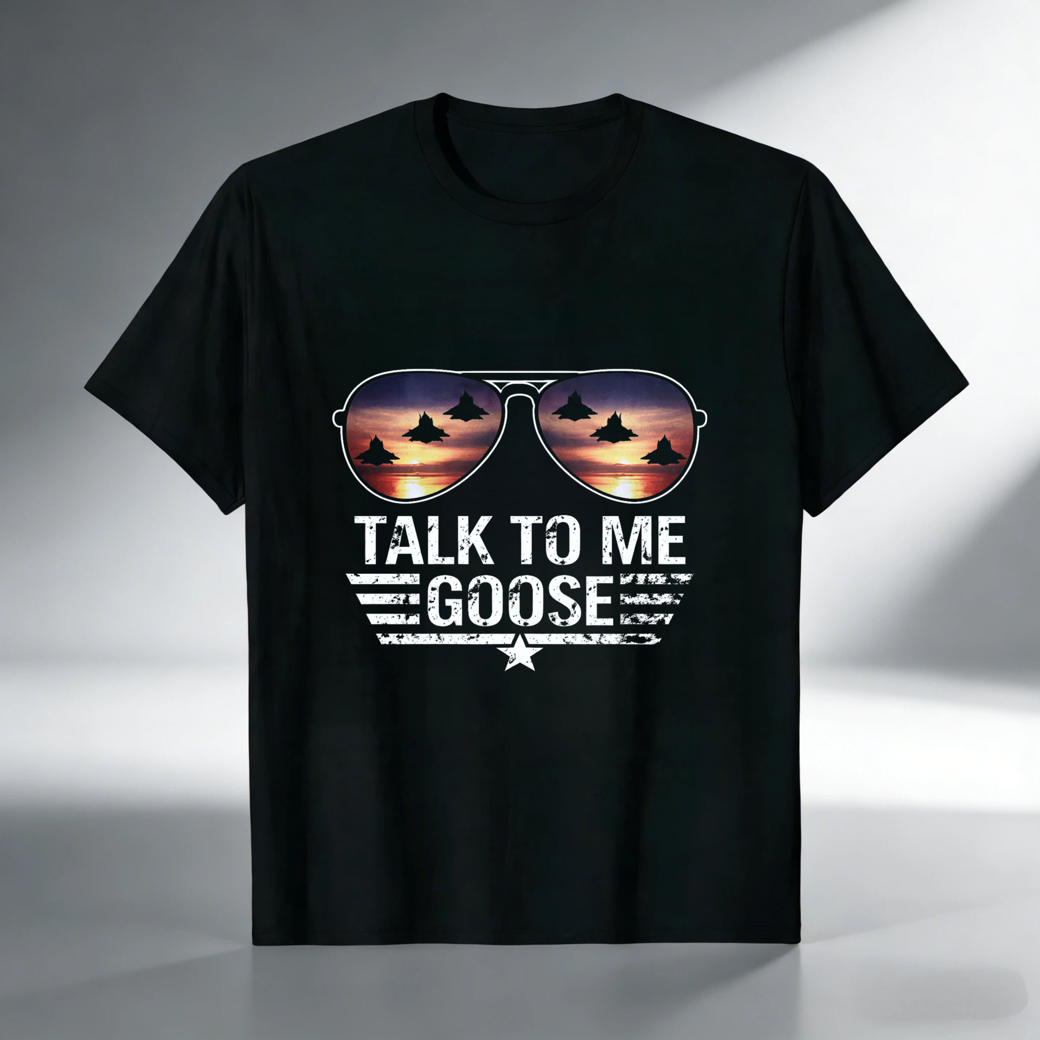 TEECURENT Talk To Me Goose Aviator Sunglasses T-Shirt Top With Jet Fighters Sunset Design For Men And Women
