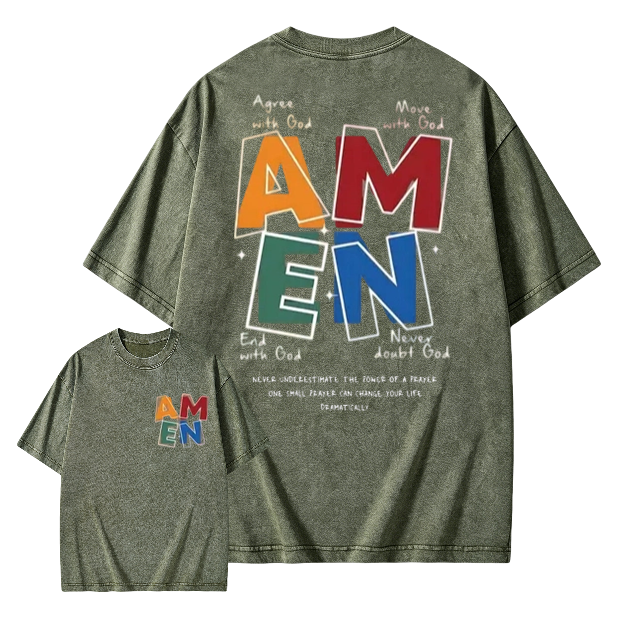AMEN Classic Letter Header - for Men Women Vintage Distressed 230g Washed Cotton Casual Fit God Bless