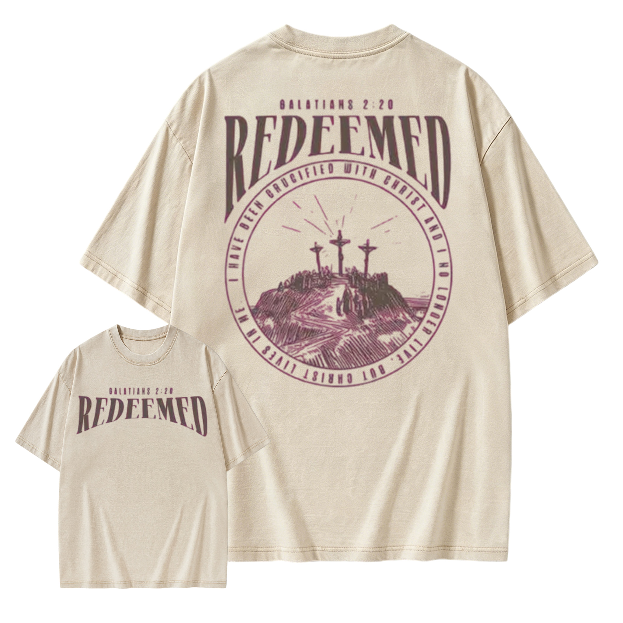 Washed Short Sleeved Double-Sided Printed T-Shirt, 100% Pure Cotton, Printed With "Redemption Christianity". Retro Hip-Hop Style