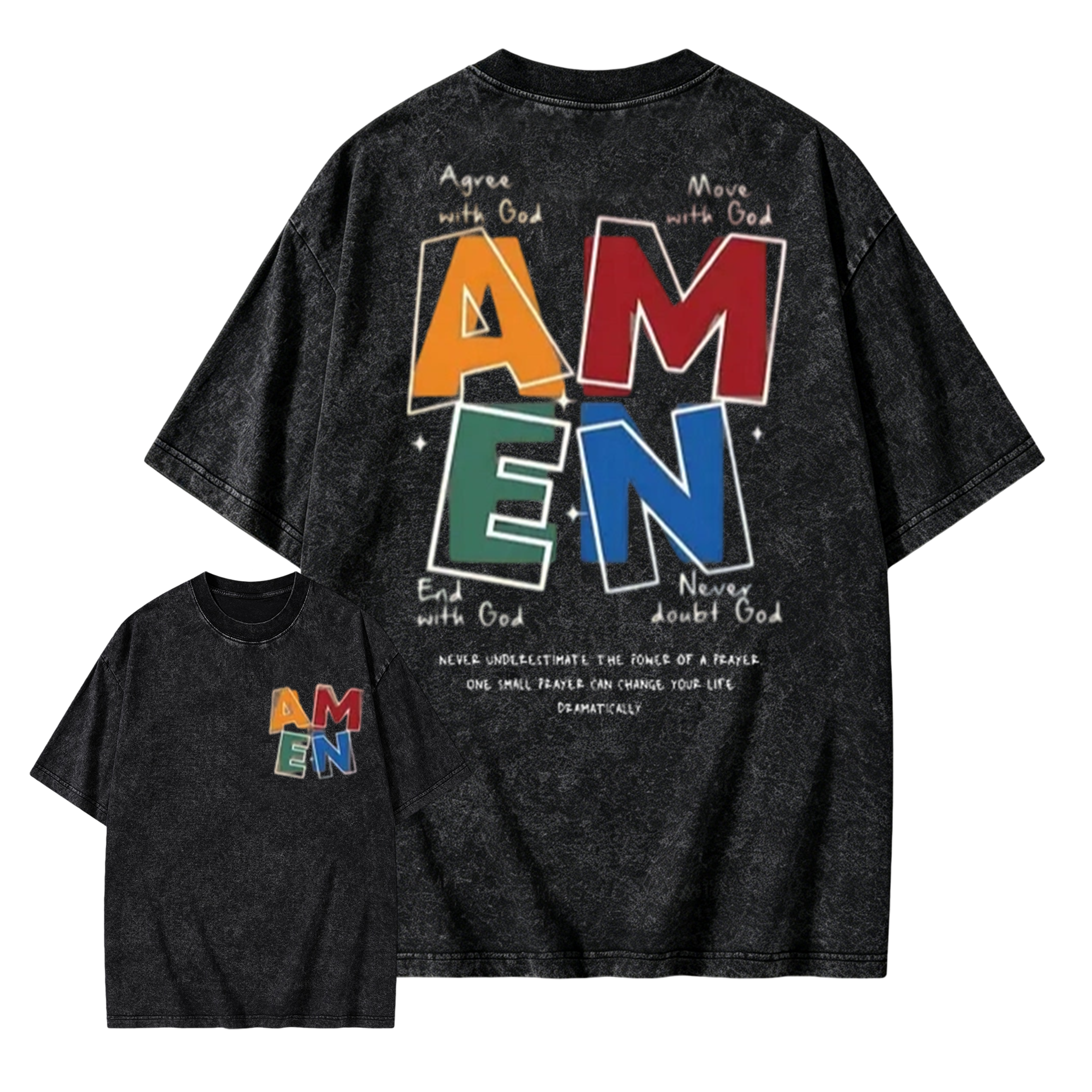 AMEN Classic Letter Header - for Men Women Vintage Distressed 230g Washed Cotton Casual Fit God Bless