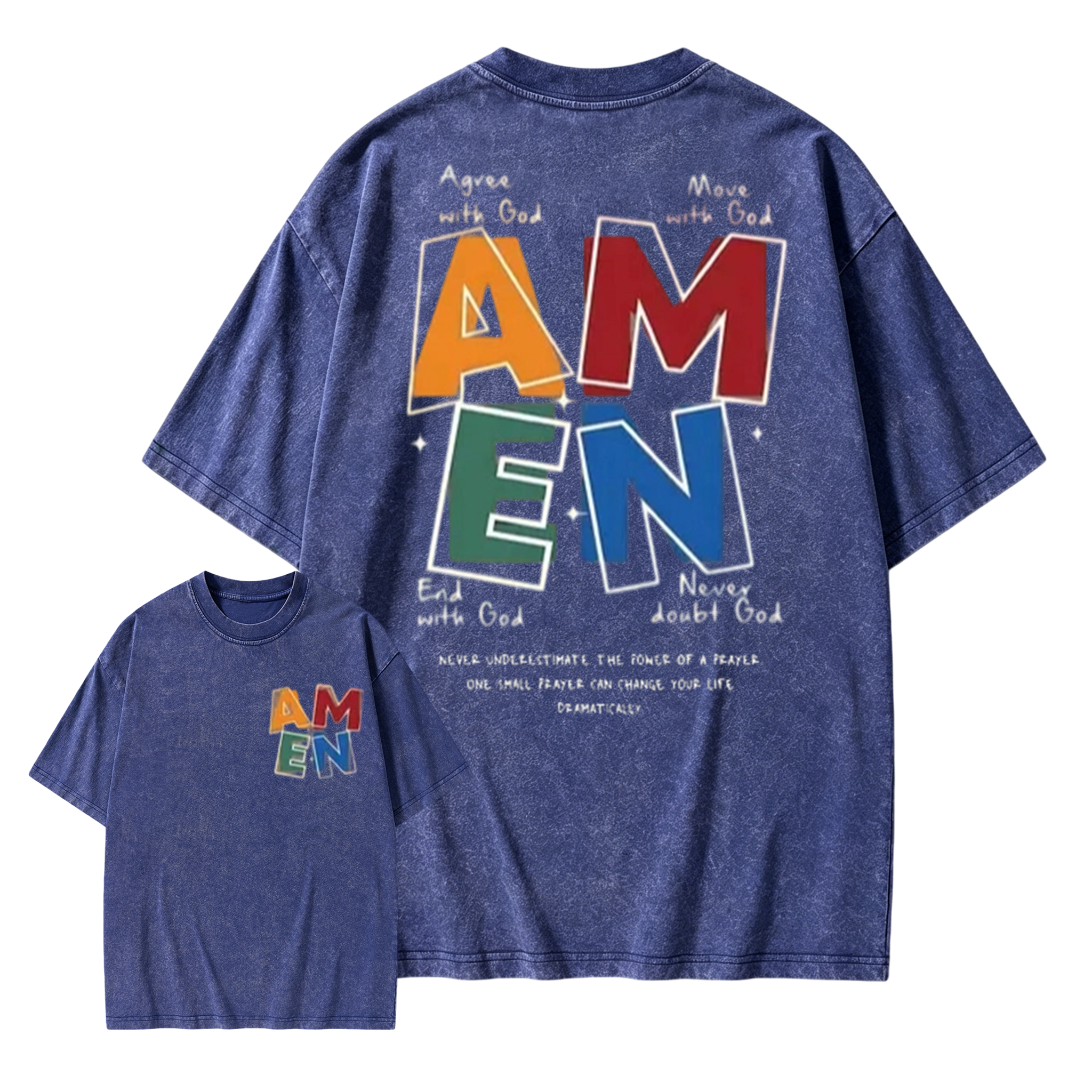 AMEN Classic Letter Header - for Men Women Vintage Distressed 230g Washed Cotton Casual Fit God Bless