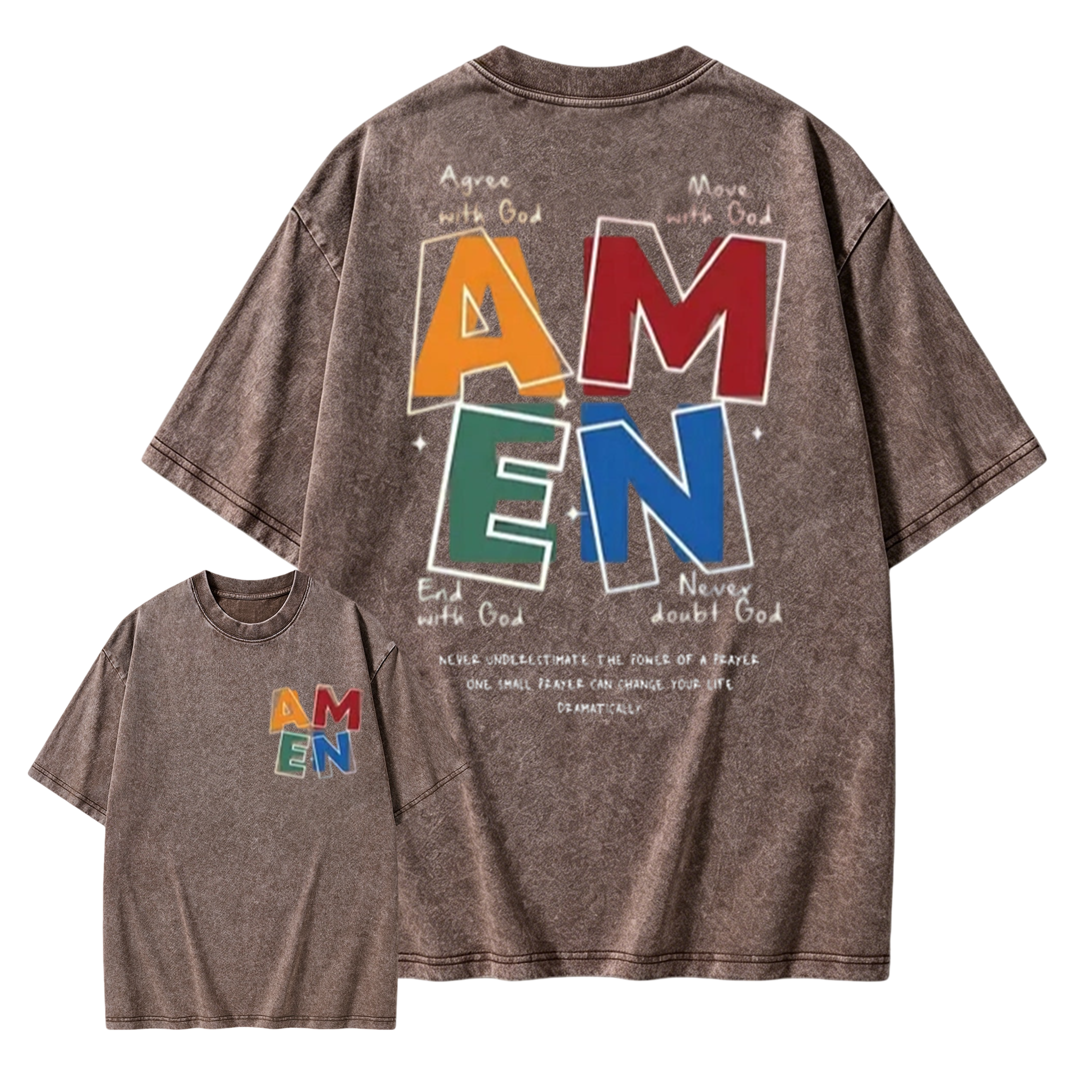 AMEN Classic Letter Header - for Men Women Vintage Distressed 230g Washed Cotton Casual Fit God Bless