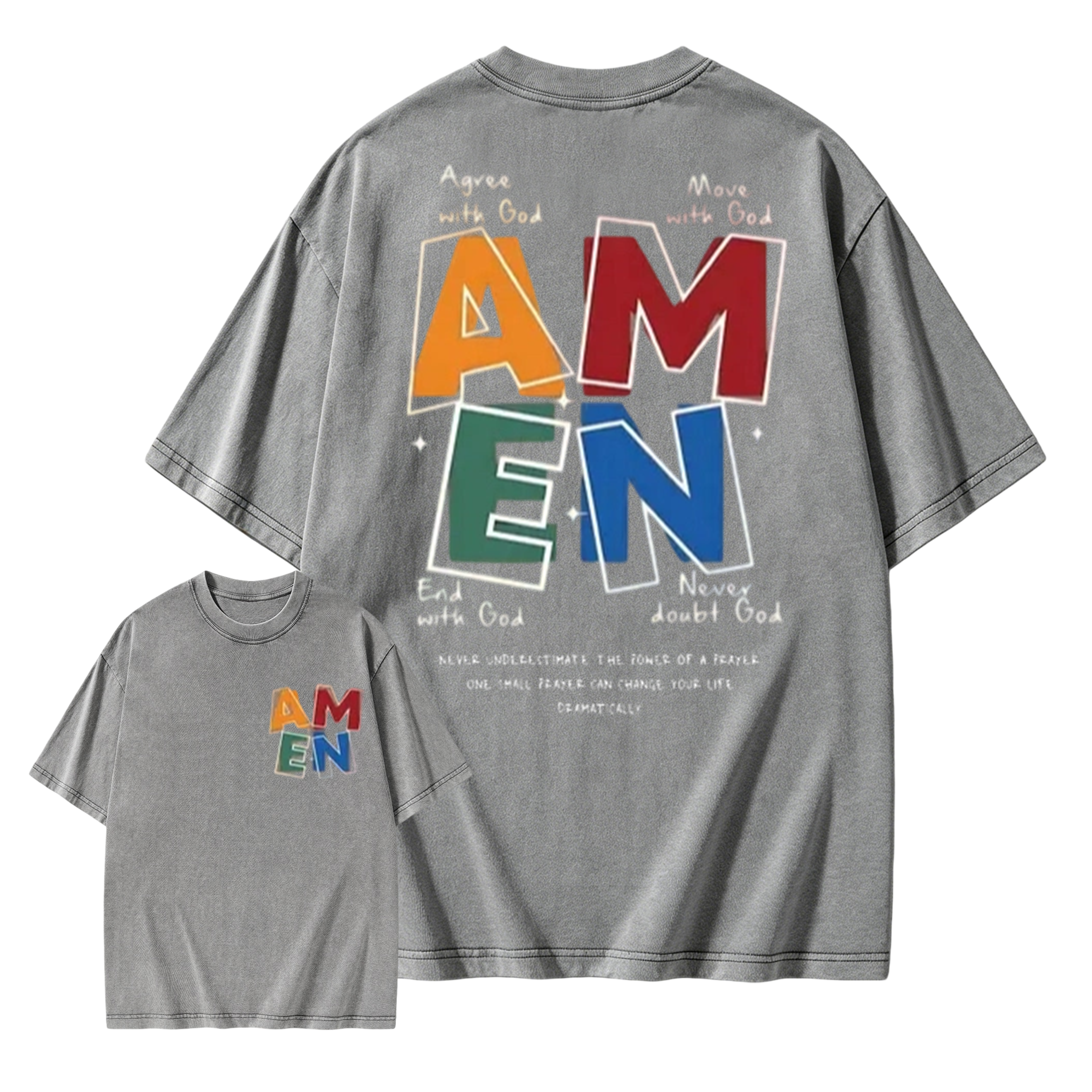 AMEN Classic Letter Header - for Men Women Vintage Distressed 230g Washed Cotton Casual Fit God Bless