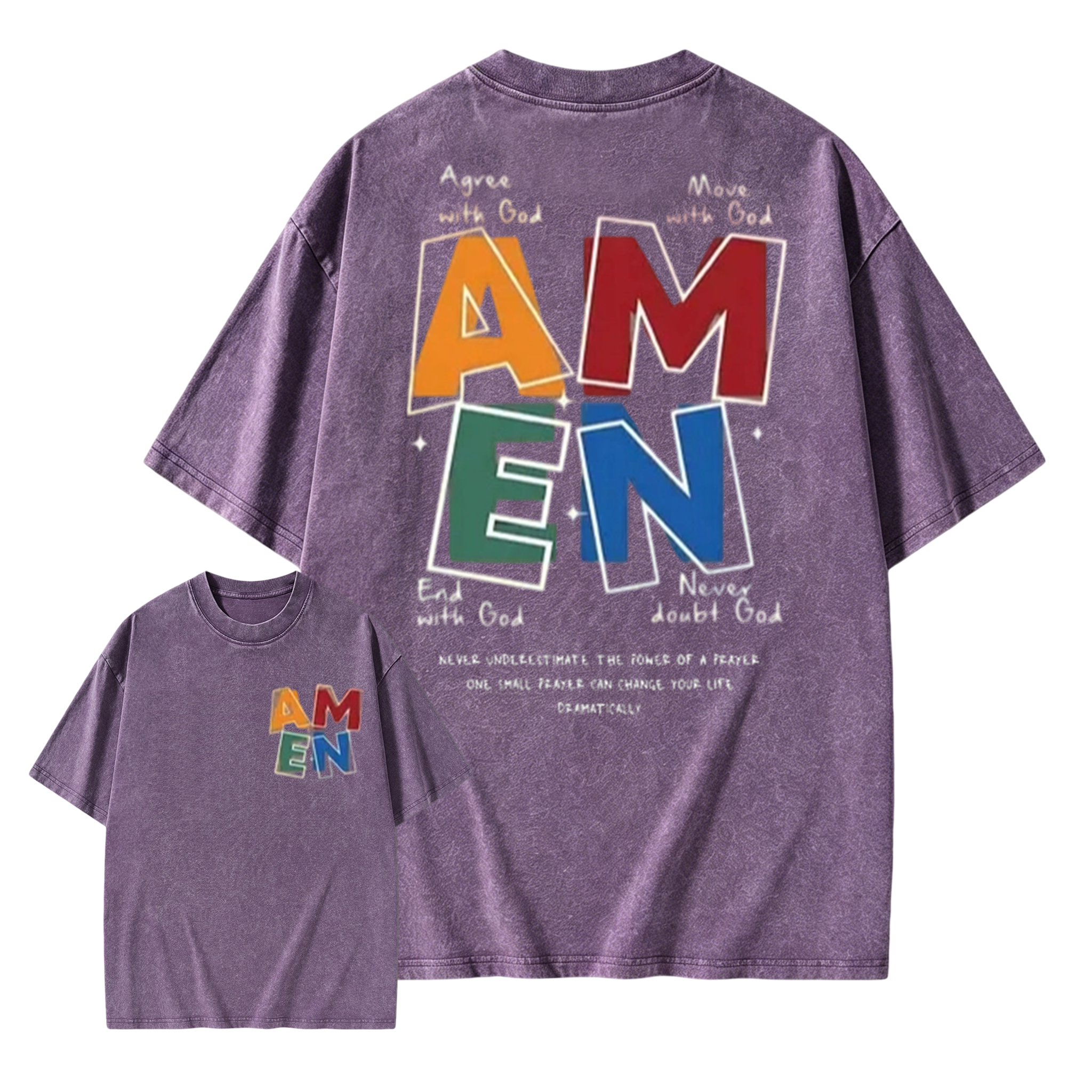 AMEN Classic Letter Header - for Men Women Vintage Distressed 230g Washed Cotton Casual Fit God Bless