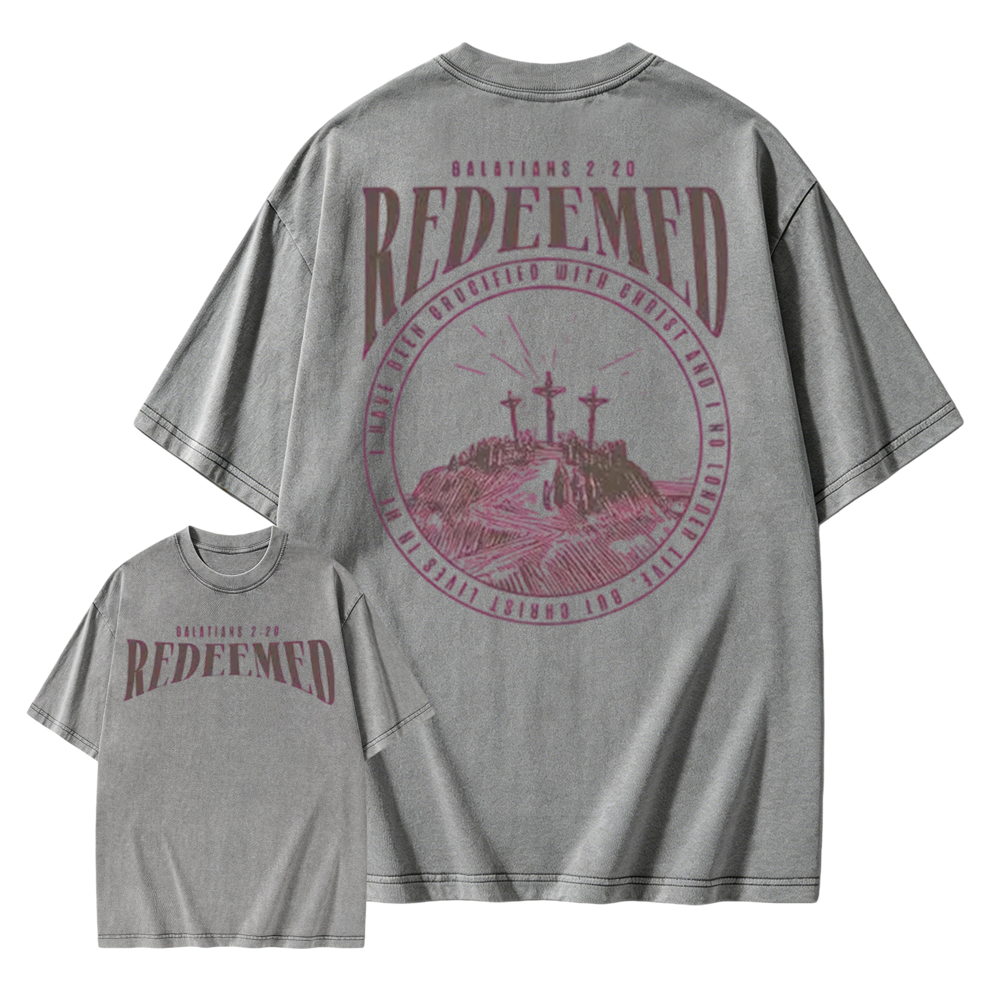 Washed Short Sleeved Double-Sided Printed T-Shirt, 100% Pure Cotton, Printed With "Redemption Christianity". Retro Hip-Hop Style