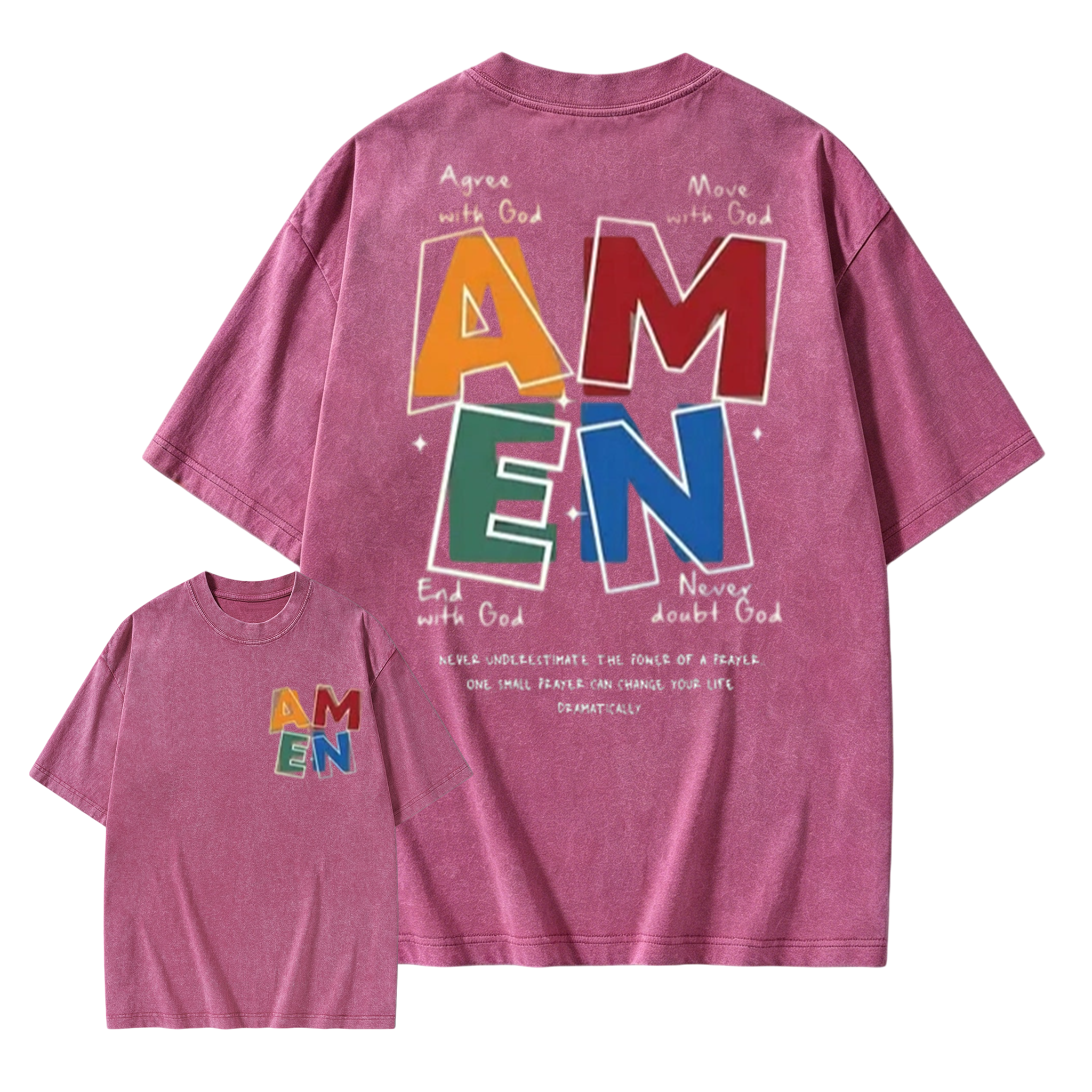 AMEN Classic Letter Header - for Men Women Vintage Distressed 230g Washed Cotton Casual Fit God Bless