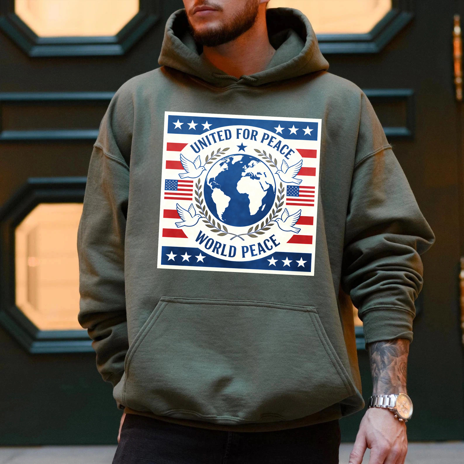 TEECURENT United For Peace World Peace Hoodie American Flag Design Global Unity Sweatshirt Patriotic Clothing For Men Women Unisex Apparel