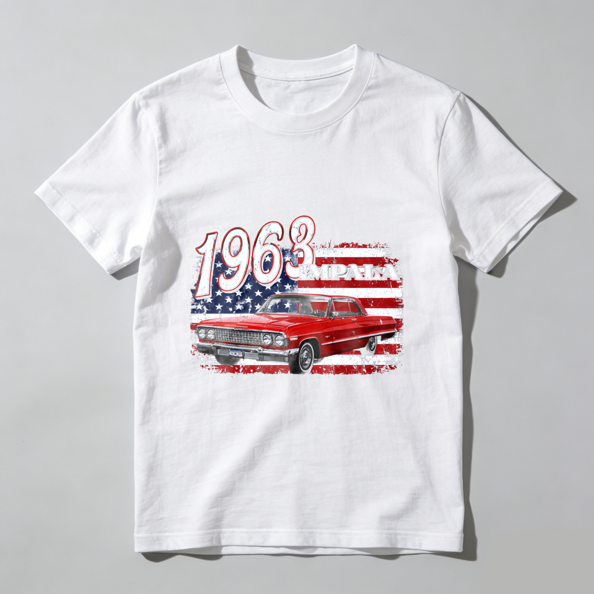 1963 Impala Classic Car American Flag T Shirt Men Women Vintage Muscle Car Automotive Clothing Gift For Car Enthusiasts