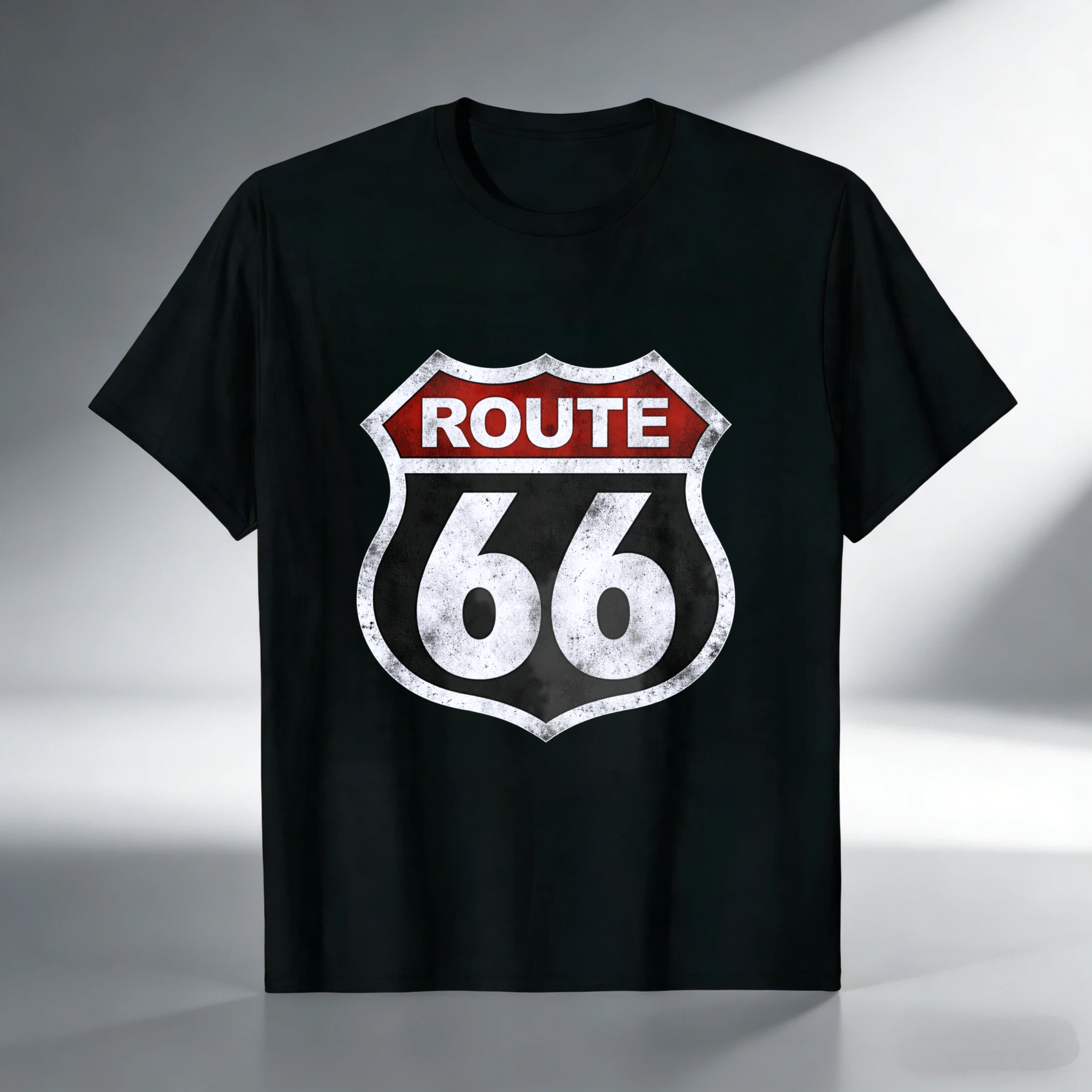 Route 66 Classic Highway Sign T-Shirt Black Vintage Road Trip Design Men Women Unisex Casual Wear