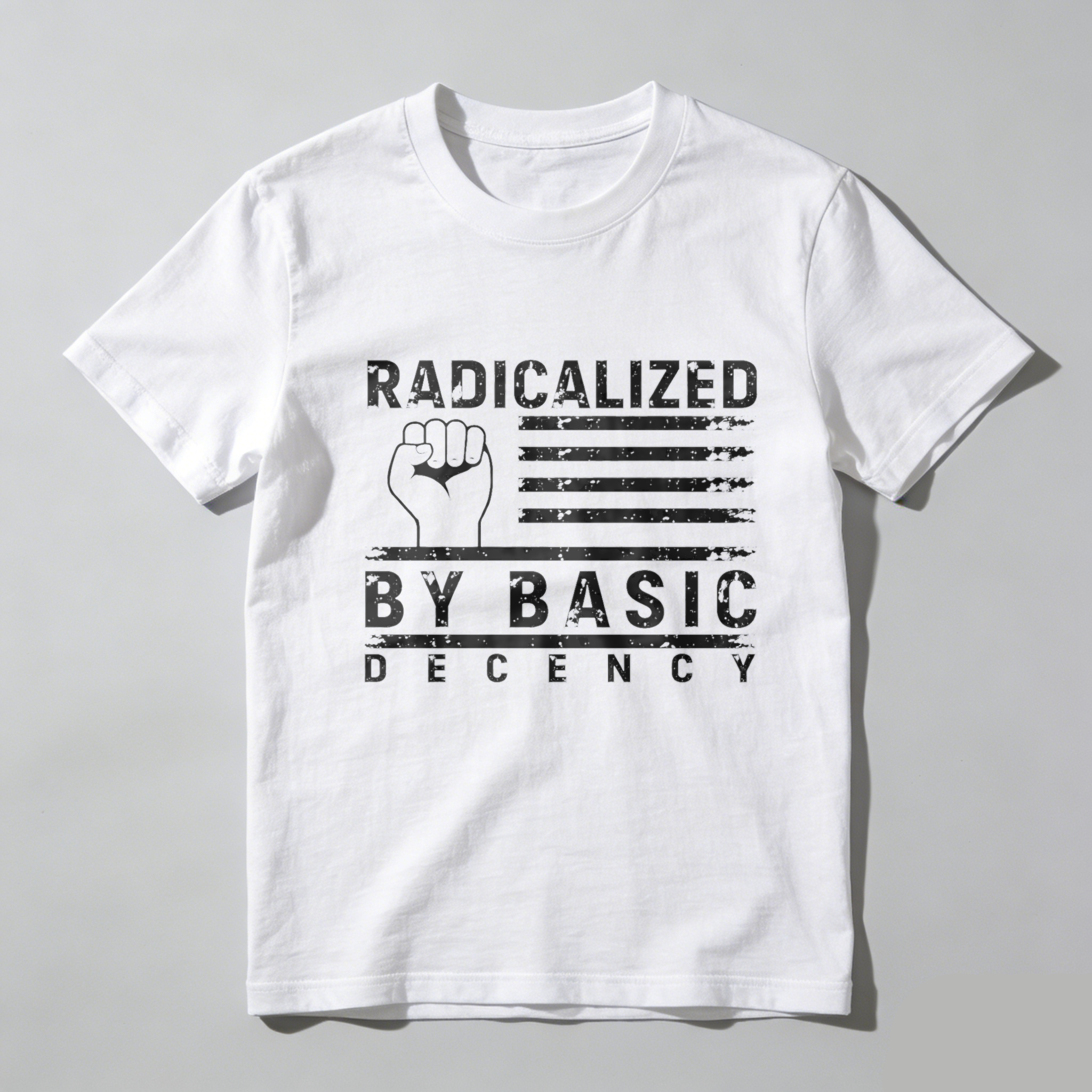 TEECURENTRadicalized By Basic Decency T Shirt With Fist And American Flag Design Black Men Women Unisex Streetwear Graphic Tee-TeeCurent