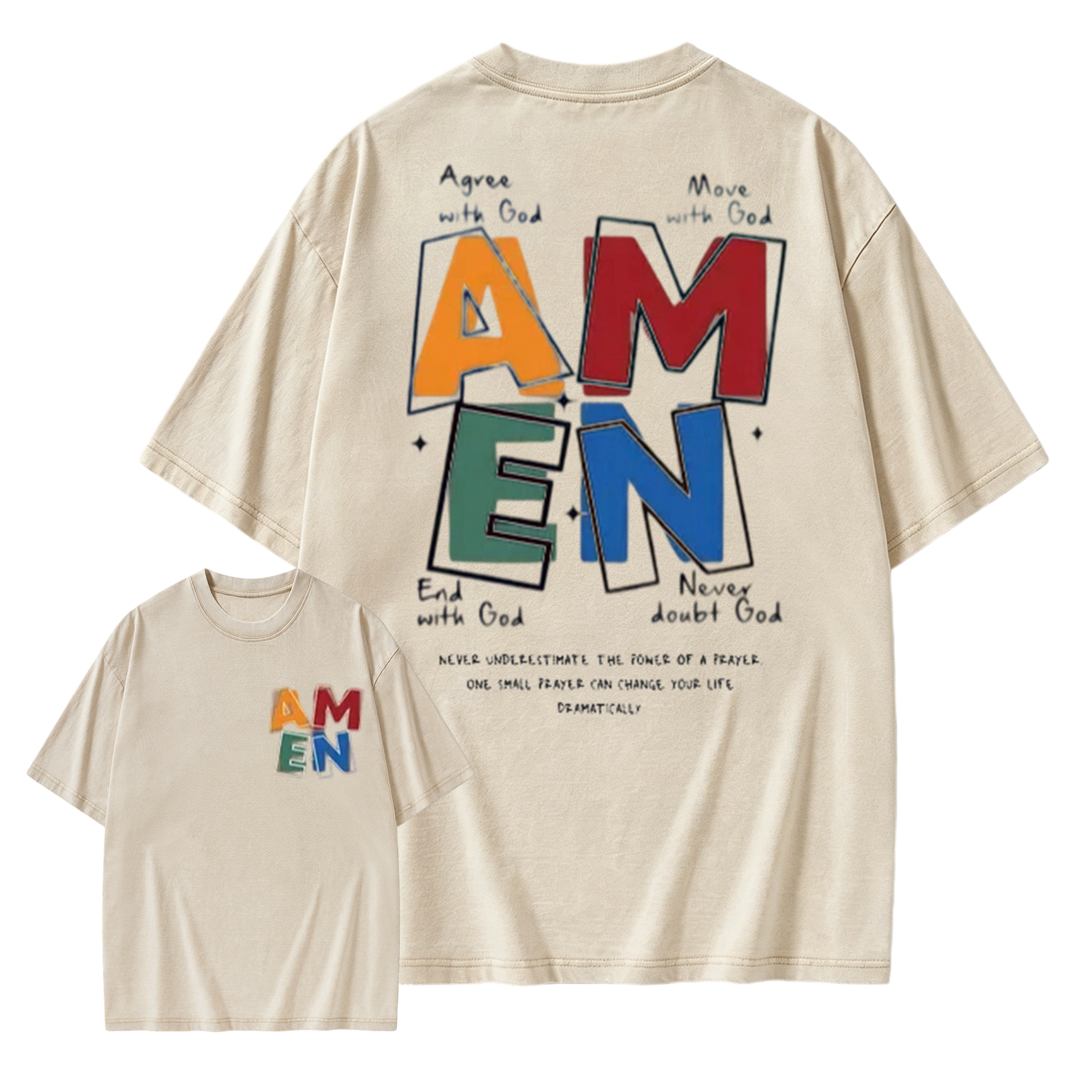 AMEN Classic Letter Header - for Men Women Vintage Distressed 230g Washed Cotton Casual Fit God Bless