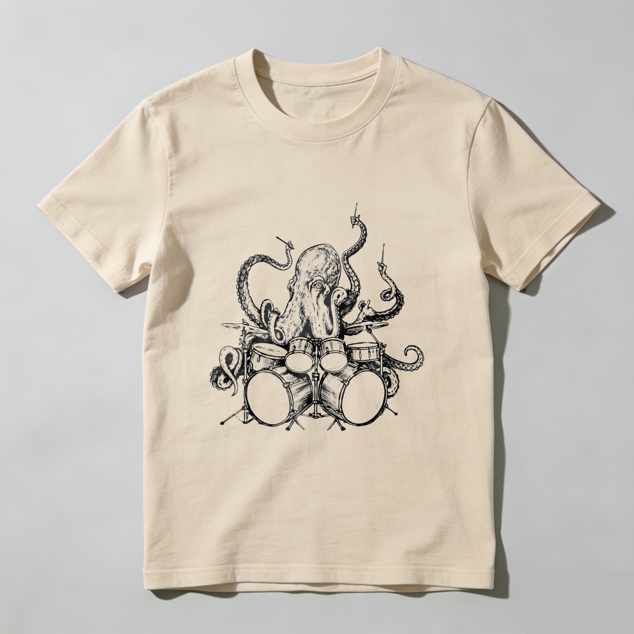 Octopus Drummer Music Band T Shirt Rock And Roll Punk Art Design Black Cotton Tee For Men Women Unisex Apparel Gift