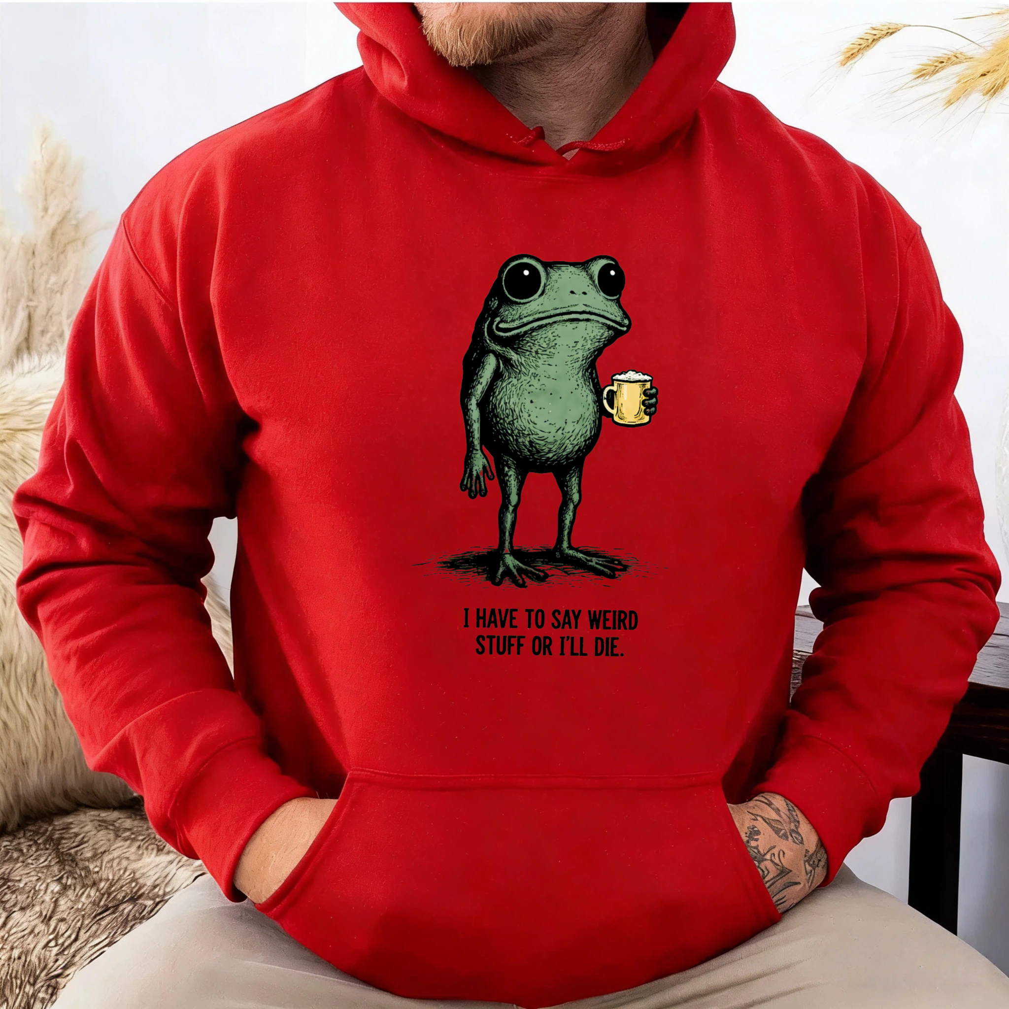 TEECURENT Gildan Frog Holding Beer Hoodie I Have To Say Weird Stuff Or Ill Die Funny Animal Sweatshirt Unisex Casual Wear
