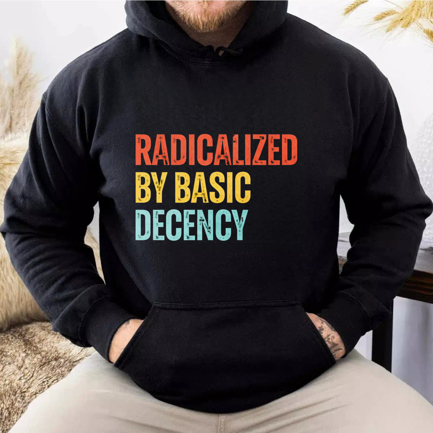 TEECURENT Gildan Radicalized By Basic Decency Hoodie Sweatshirt Black Unisex Casual Wear Statement Graphic Pullover Coat