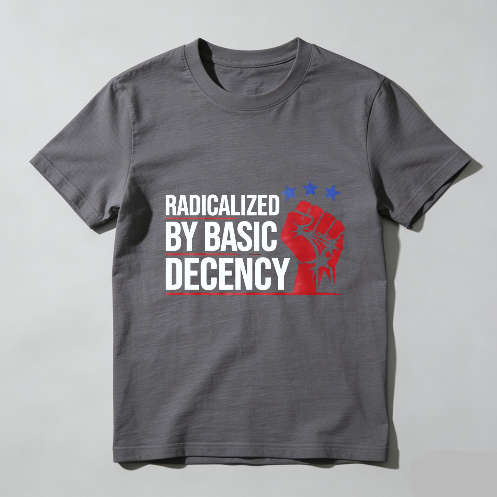 TEECURENTRadicalized By Basic Decency T Shirt With Fist Graphic And Stars Design For Men And Women-TeeCurent
