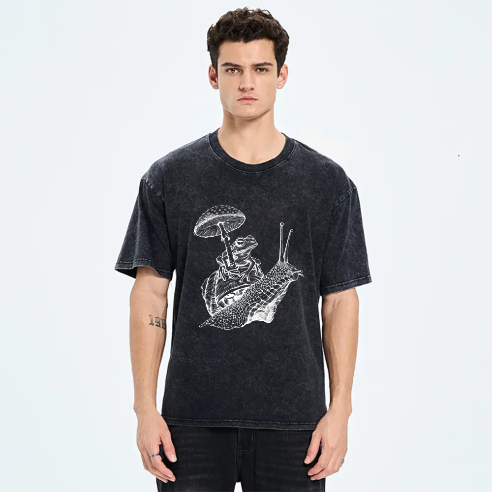 Frog Riding Snail Under Mushroom tshirt 100% cotton
