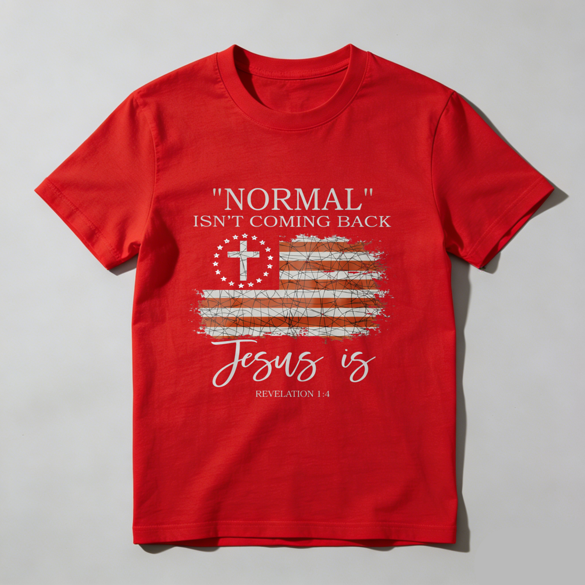 TEECURENT Normal Isnt Coming Back Jesus Is Revelation 14 American Flag Cross Christian T Shirt WOMEN