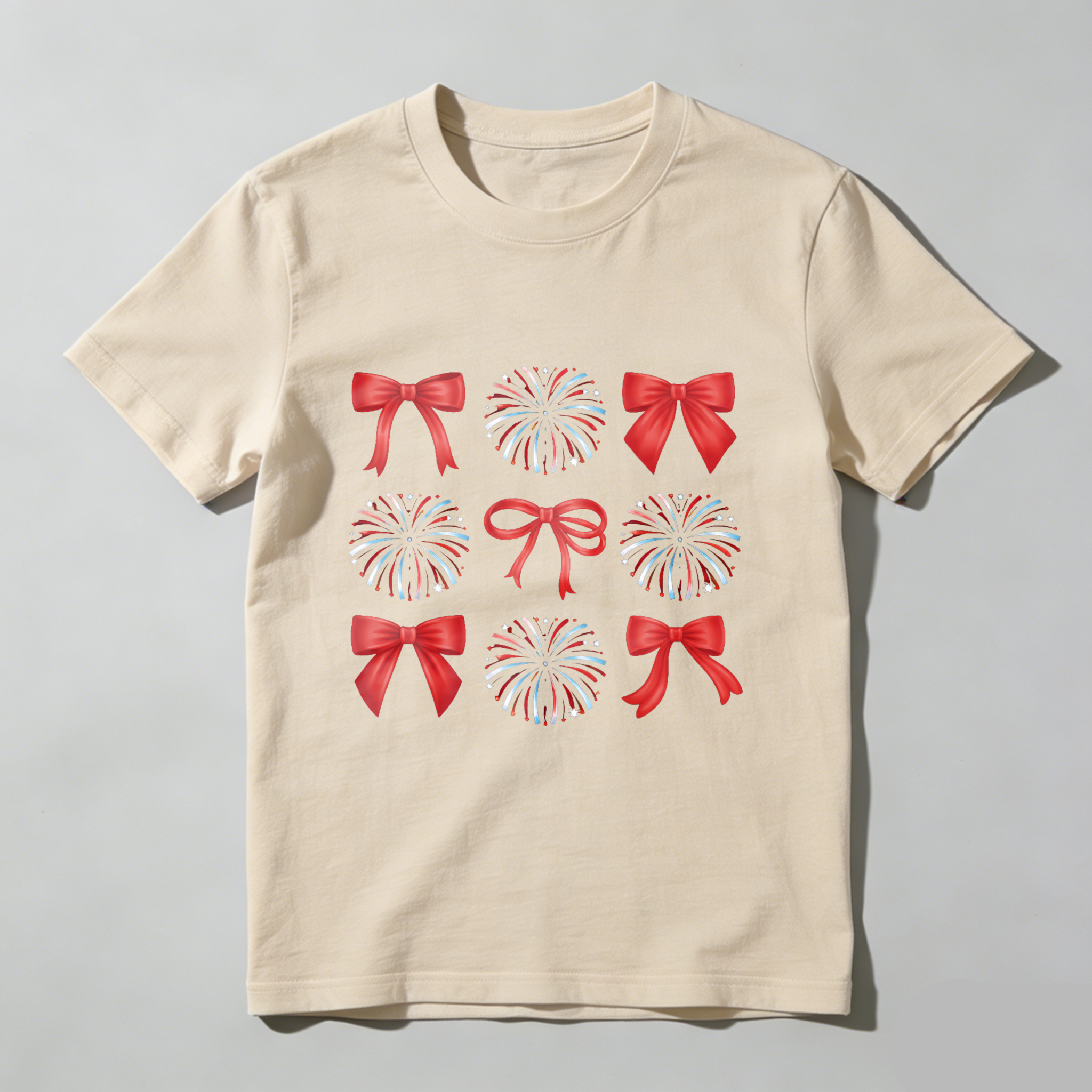 TEECURENT Patriotic Fireworks And Red Bows Design T Shirt For Independence Day Celebration WOMEN