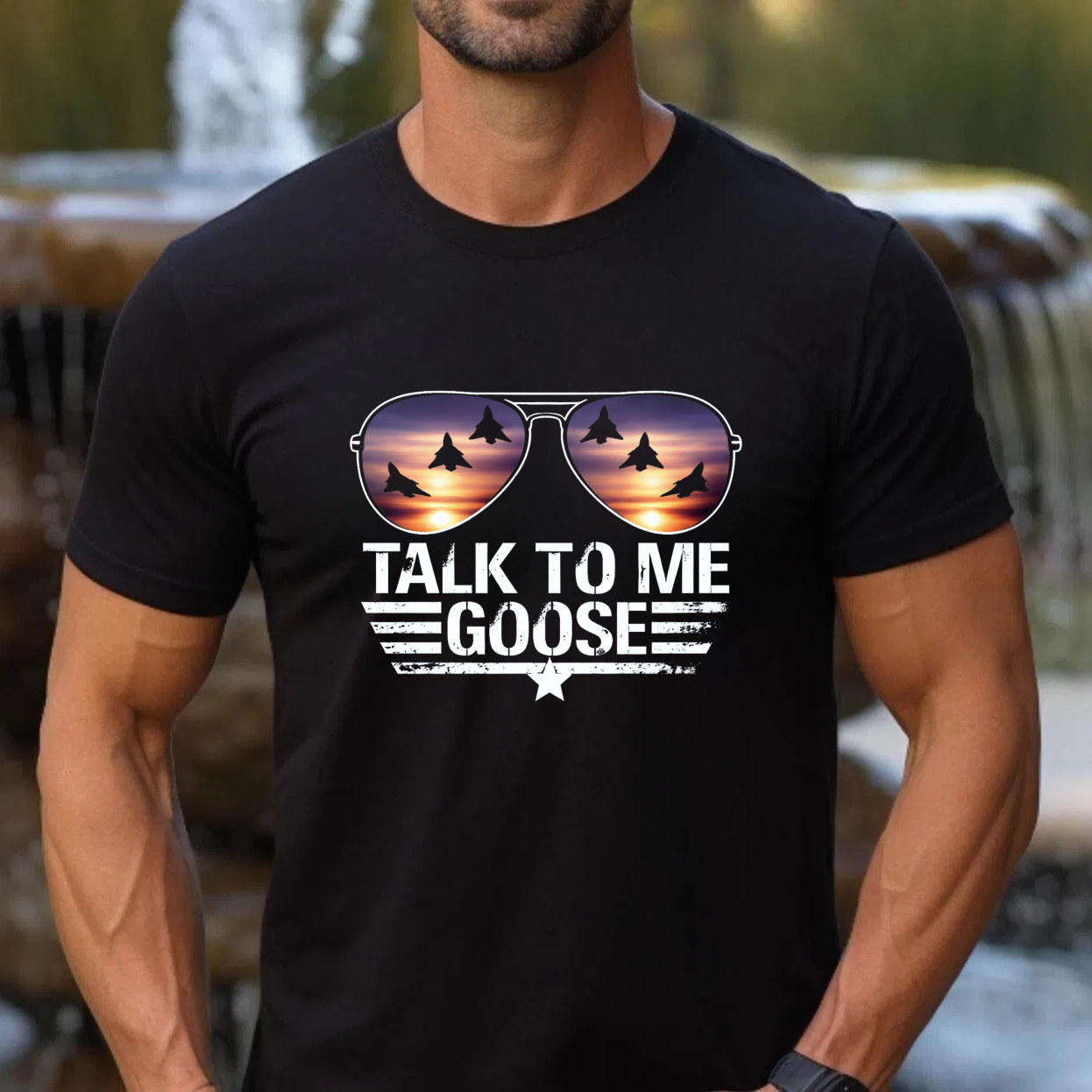 TEECURENTTalk To Me Goose Aviator Sunglasses T-Shirt With Fighter Jets Sunset Design Black Men Women Top-TeeCurent