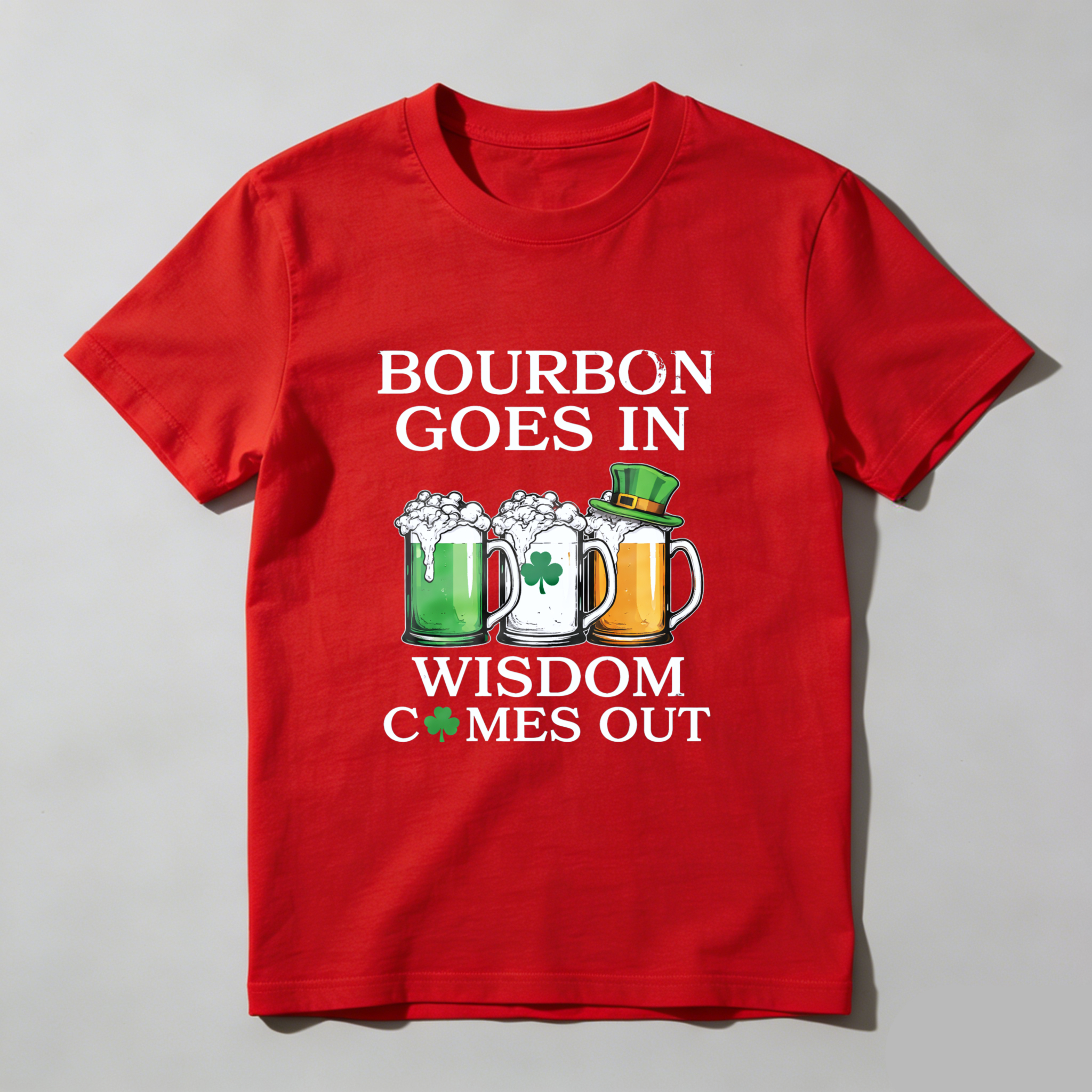 TEECURENT Bourbon Goes In Wisdom Comes Out St Patrick's Day Beer Shirt With Shamrock And Mug Design For Men Women Unisex T-Shirt