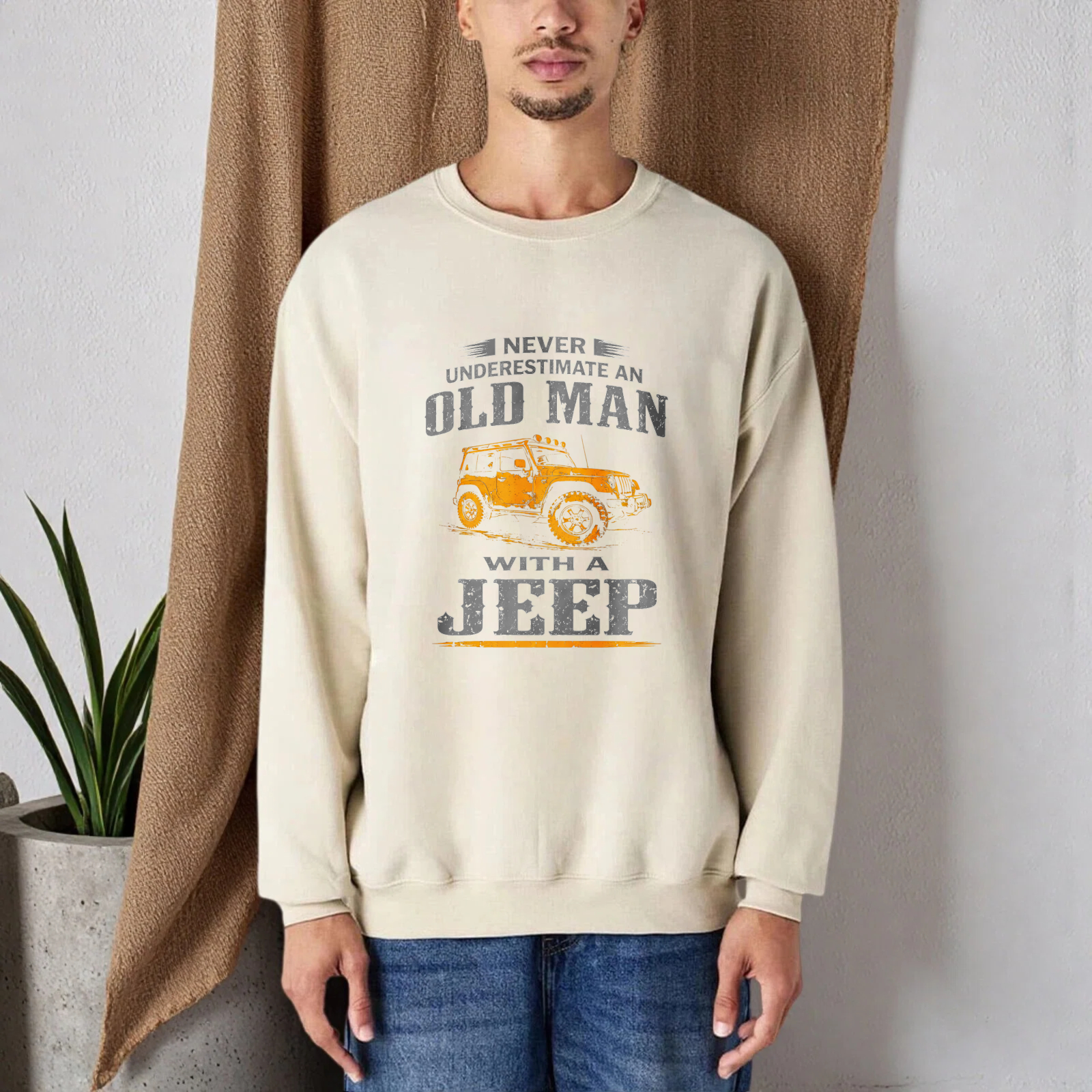 TEECURENT Never Underestimate An Old Man With A Jeep Sweatshirt For Men And Women Unisex Crewneck Pullover Long Sleeve Casual Top