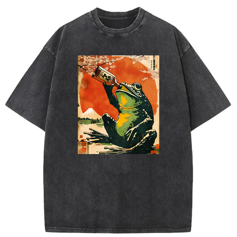 Frog Drinking Sake Under Cherry Blossoms tshirt 100% cotton