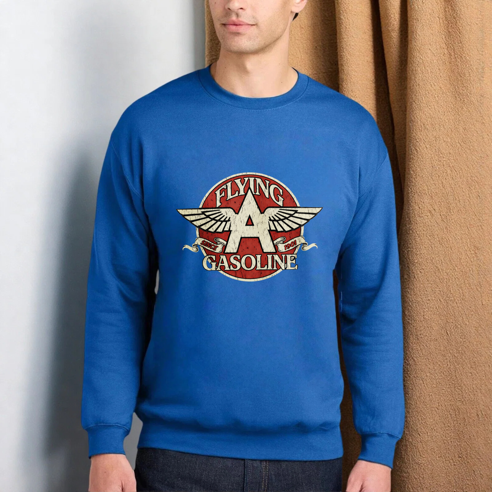 TEECURENT Flying A Gasoline Logo Sweatshirt Unisex Crewneck Pullover Black Vintage Style Graphic Sweatshirt