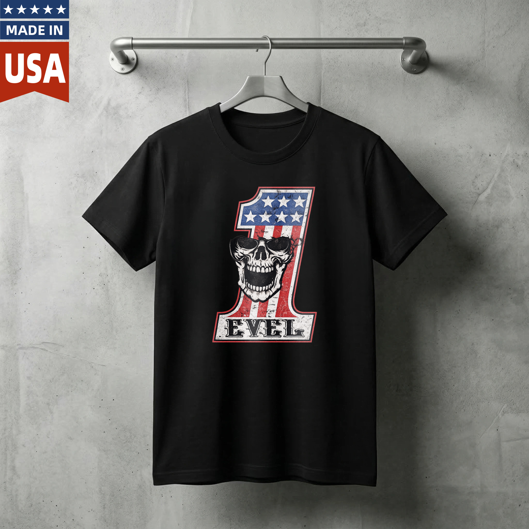 Level One American Flag Skull Design Black T-Shirt Made In Usa