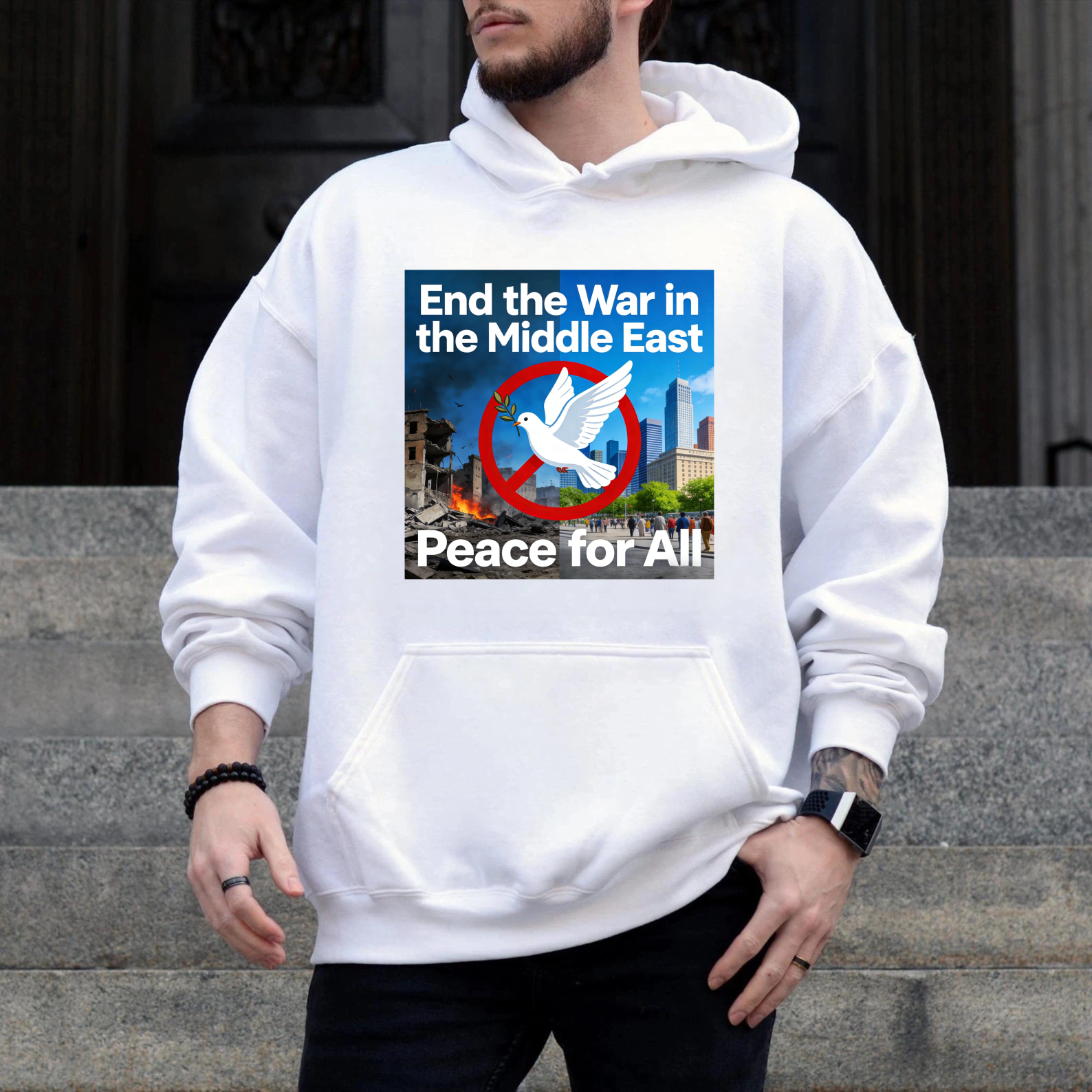TEECURENT End The War In The Middle East Peace For All Hoodie With Dove And Cityscape Design