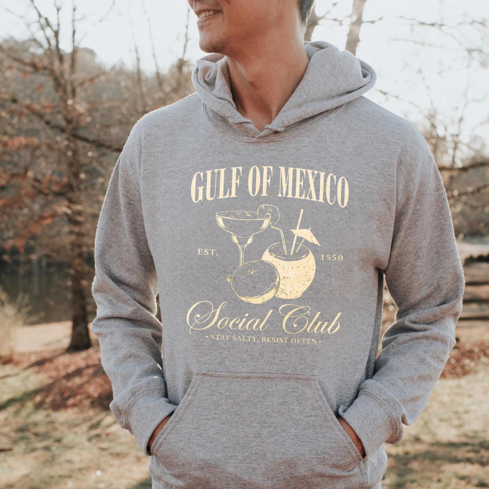 TEECURENT Gildan Gulf Of Mexico Social Club Hoodie Est 1550 Stay Salty Resist Optn Cocktail Design Black Sweatshirt