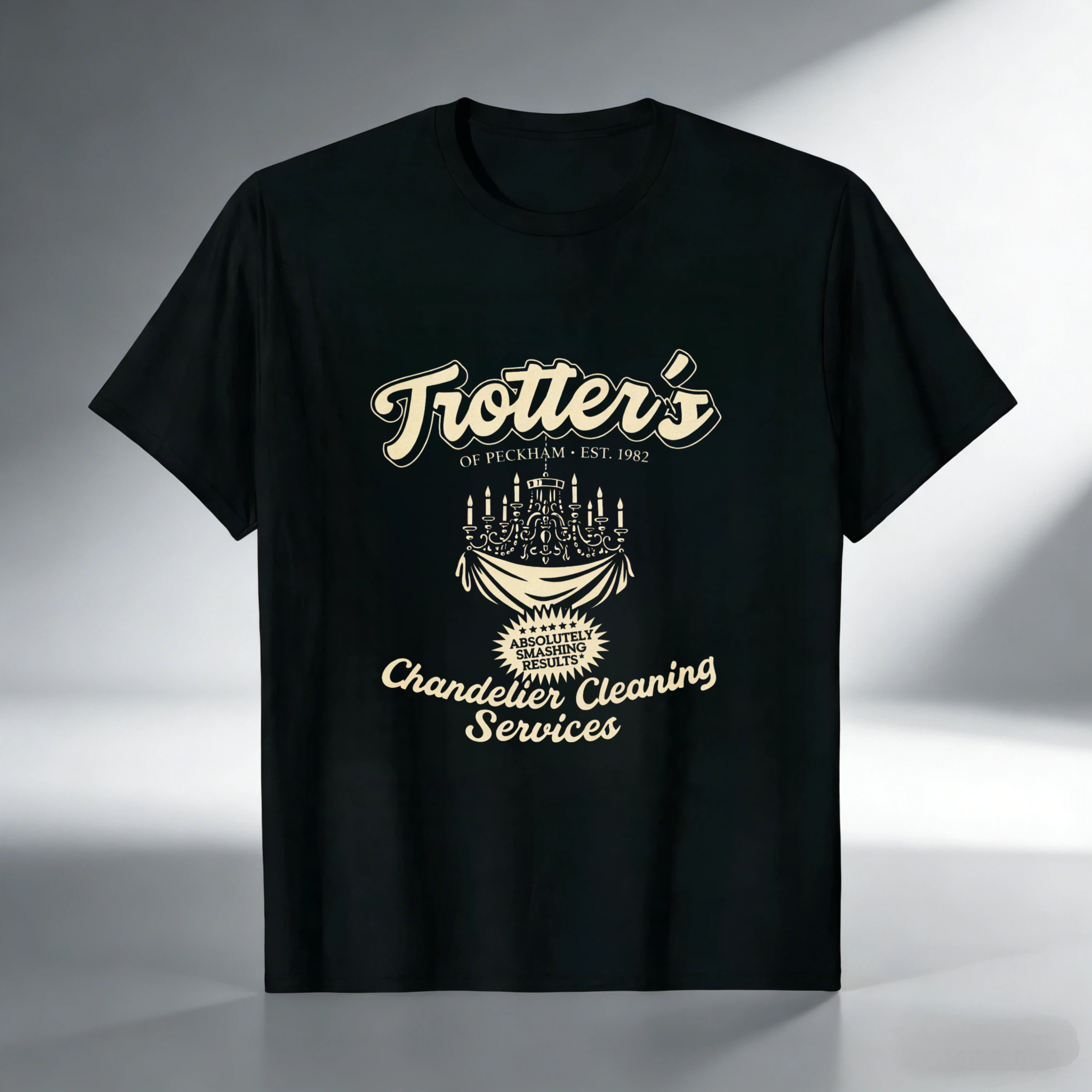 TEECURENT Trotters Chandelier Cleaning Services T Shirt Of Peckham Est 1982 Vintage Style Graphic Tee