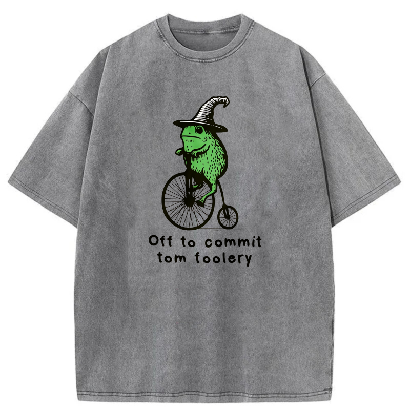 Frog On Bicycle Wearing Hat   Off To Commit Tom Foolery tshirt 100% cotton
