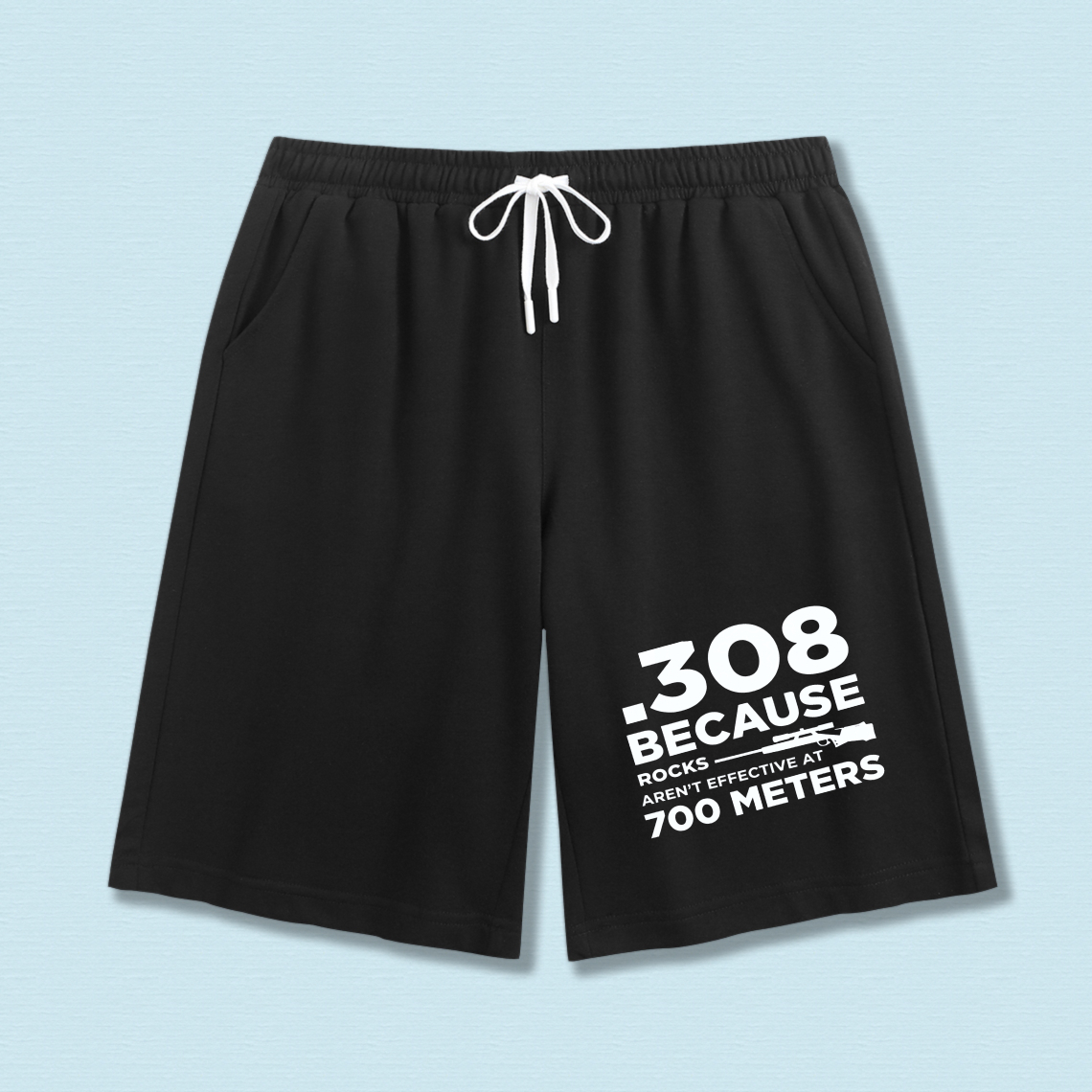 TEECURENT Men's Black Shorts 308 Because Rocks Arent Effective At 700 Meters Printed Drawstring Athletic Shorts